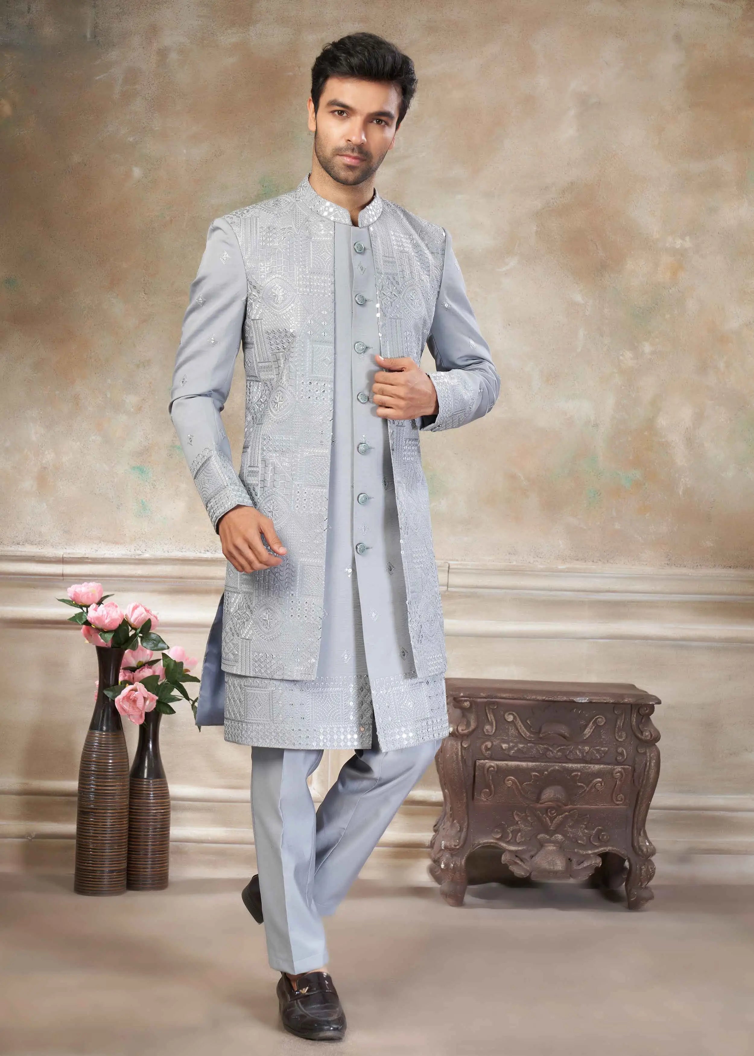 Silver Grey Sequins Embroidery Indo Western