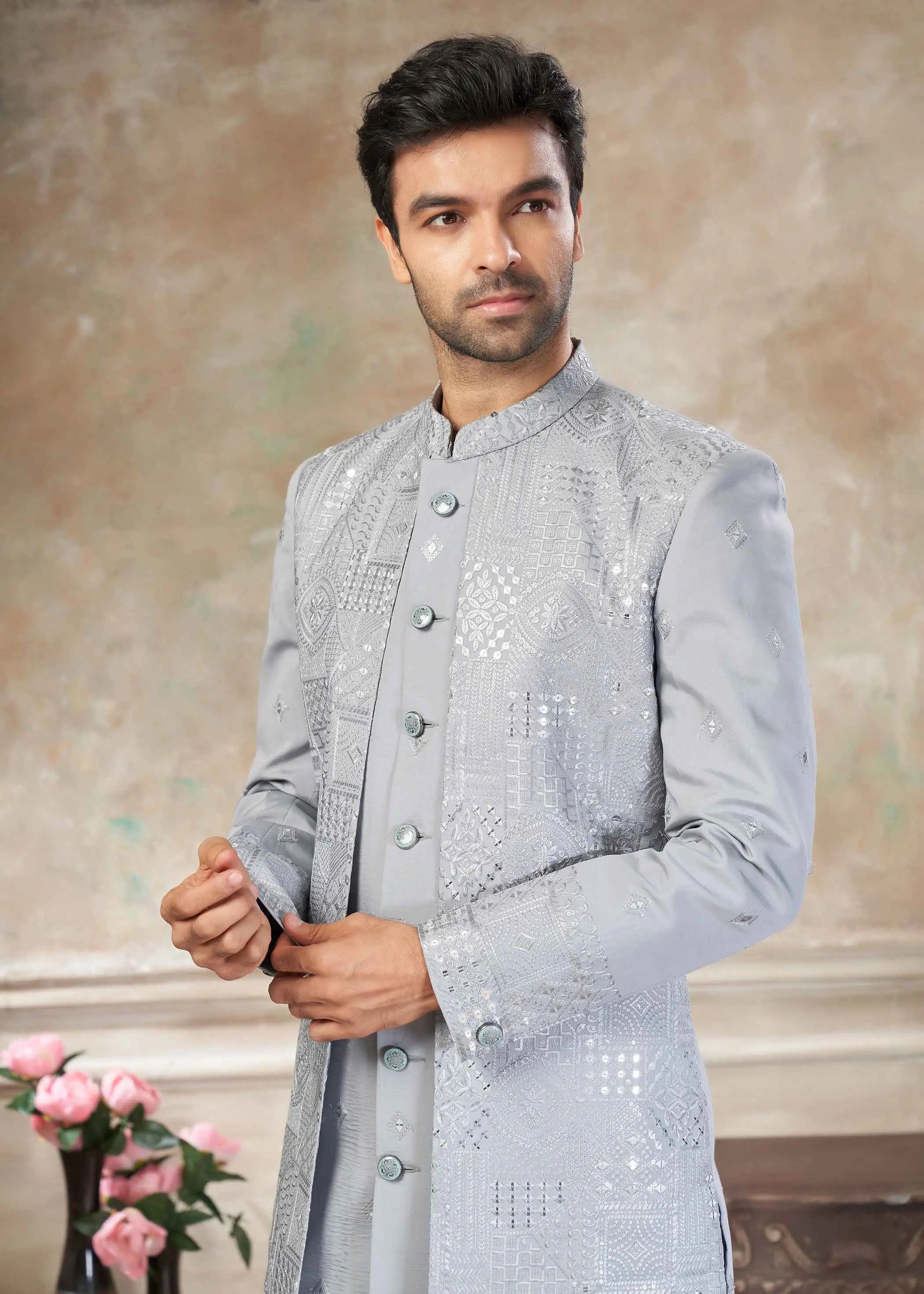 Silver Grey Sequins Embroidery Indo Western