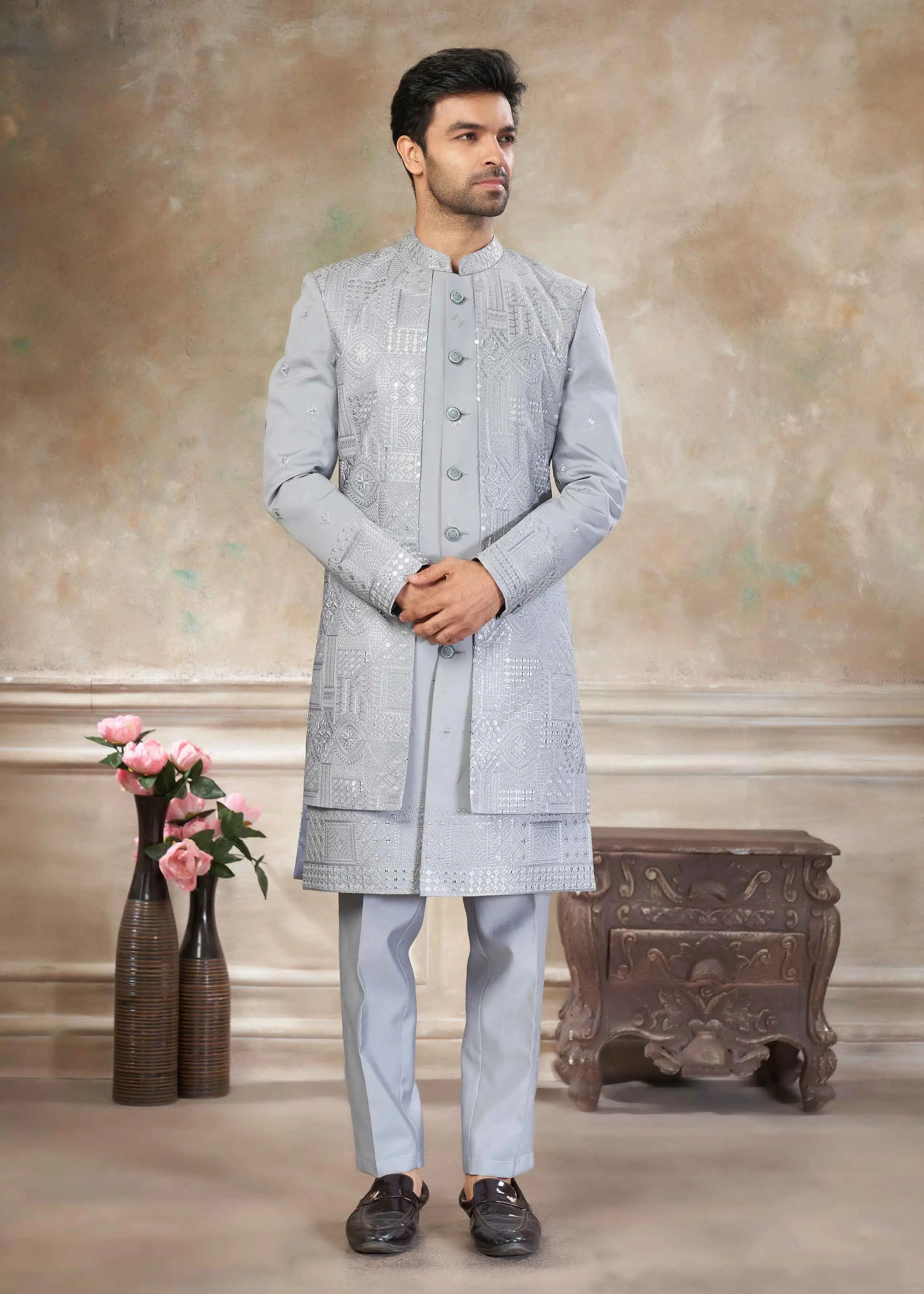 Silver Grey Sequins Embroidery Indo Western
