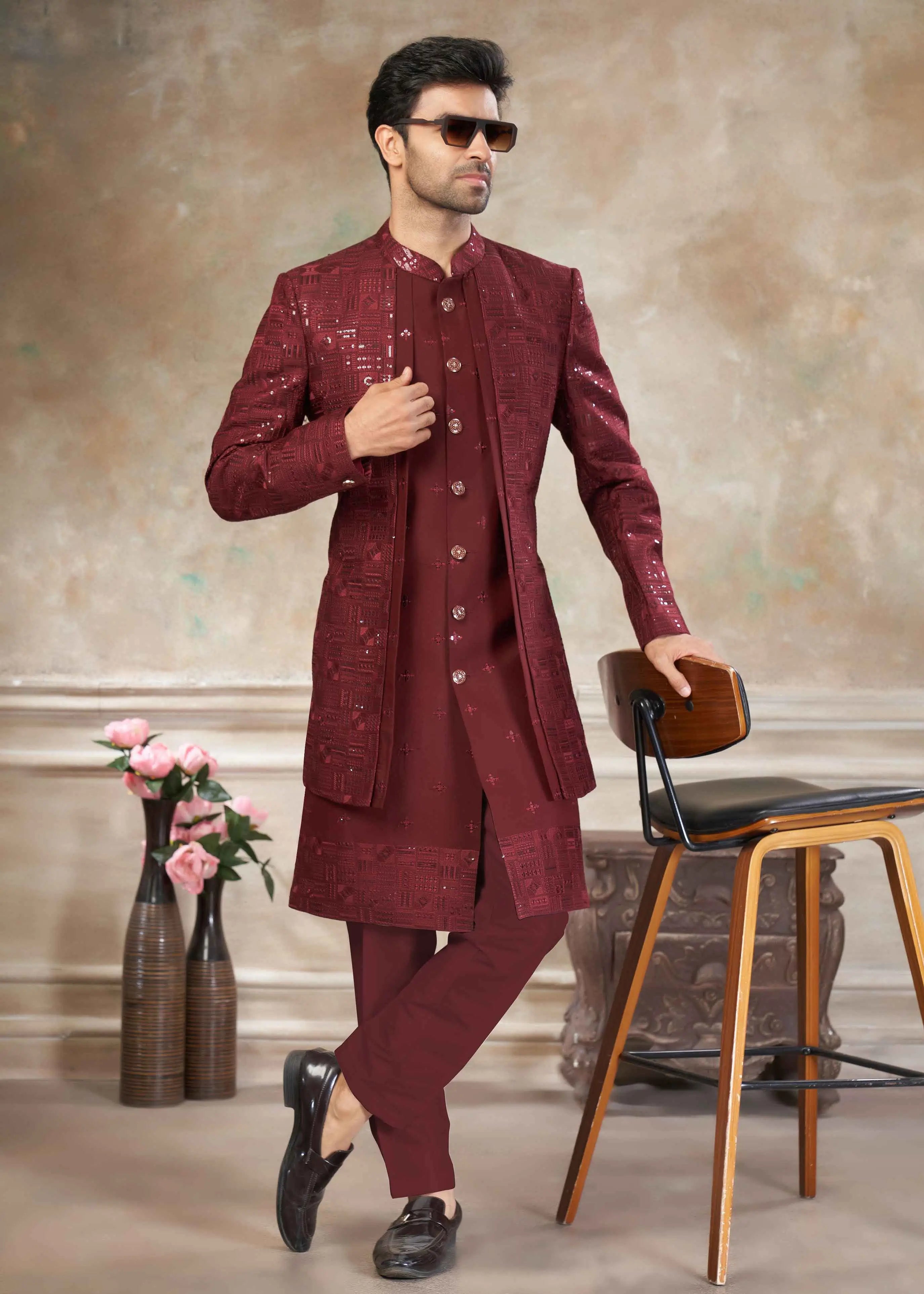 Maroon Sequins Embroidery Work Indo Western