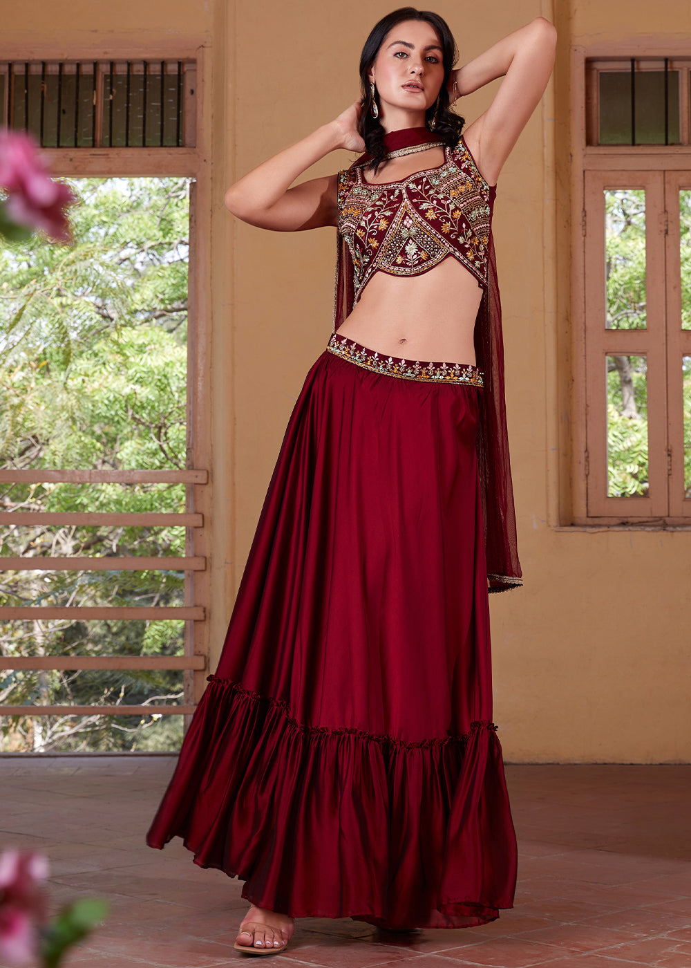 Cherry Red Georgette lehenga Choli with Embroidery work | Ready To Wear - qivii