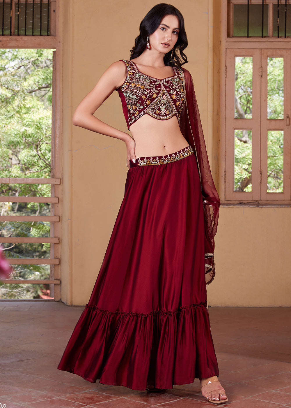 Cherry Red Georgette lehenga Choli with Embroidery work | Ready To Wear - qivii