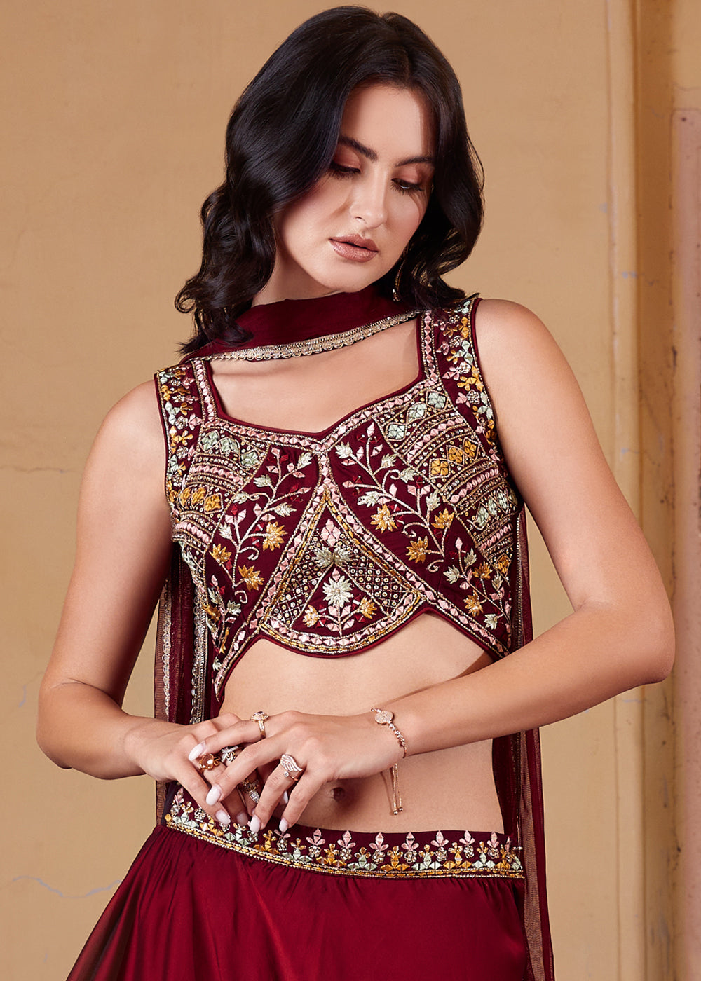 Cherry Red Georgette lehenga Choli with Embroidery work | Ready To Wear - qivii