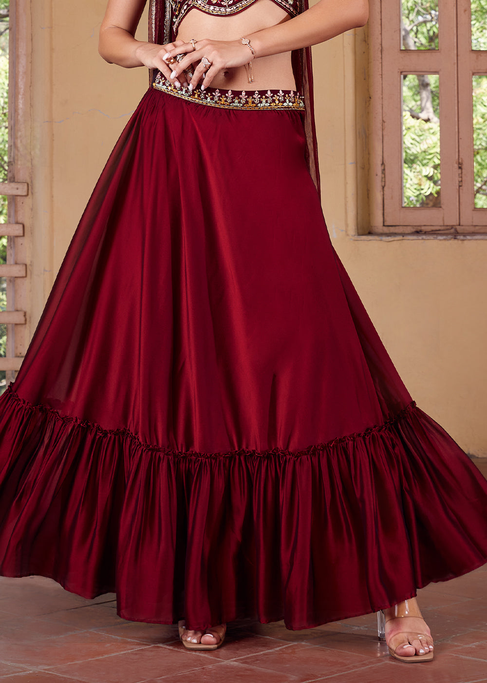 Cherry Red Georgette lehenga Choli with Embroidery work | Ready To Wear - qivii
