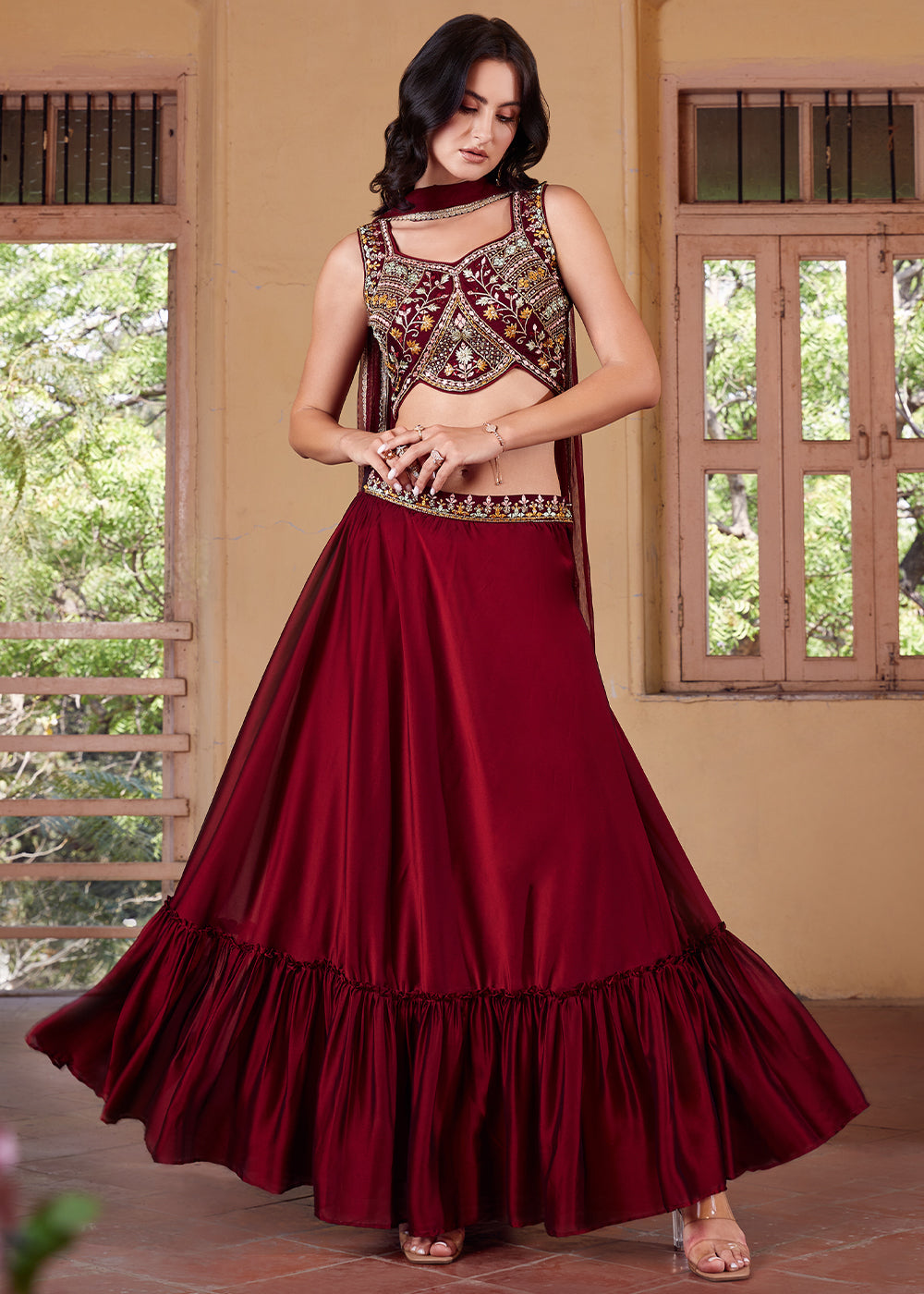 Cherry Red Georgette lehenga Choli with Embroidery work | Ready To Wear - qivii