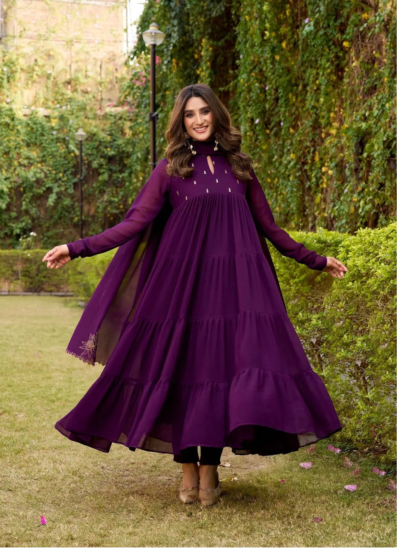 Deep Purple Flared Gown With Foil Work