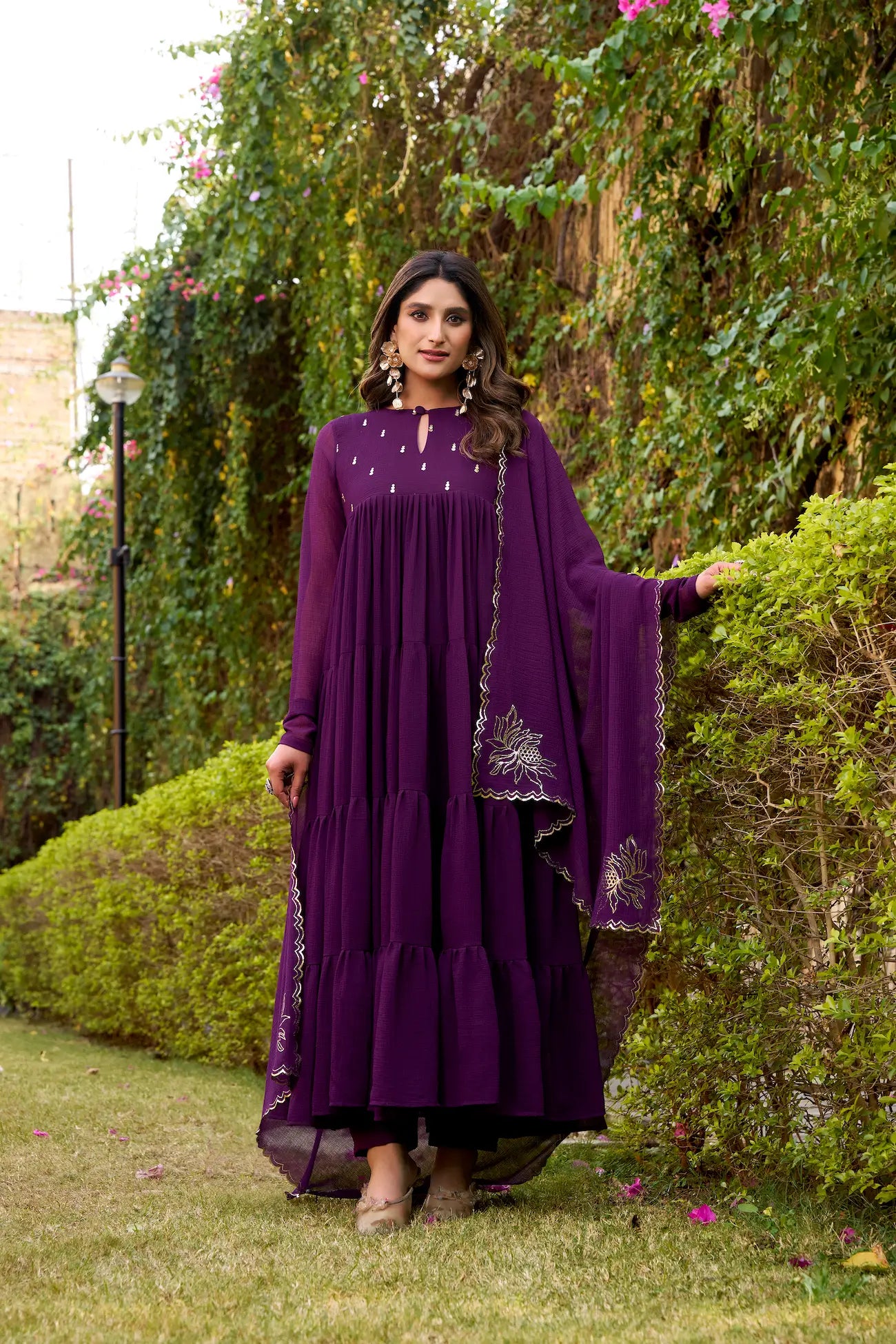 Deep Purple Flared Gown With Foil Work