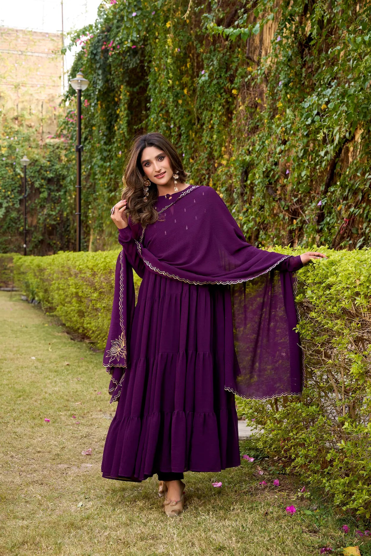 Deep Purple Flared Gown With Foil Work