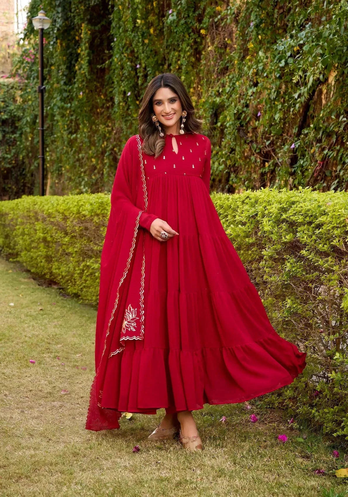 Hot Pink Flared Gown With Foil Work