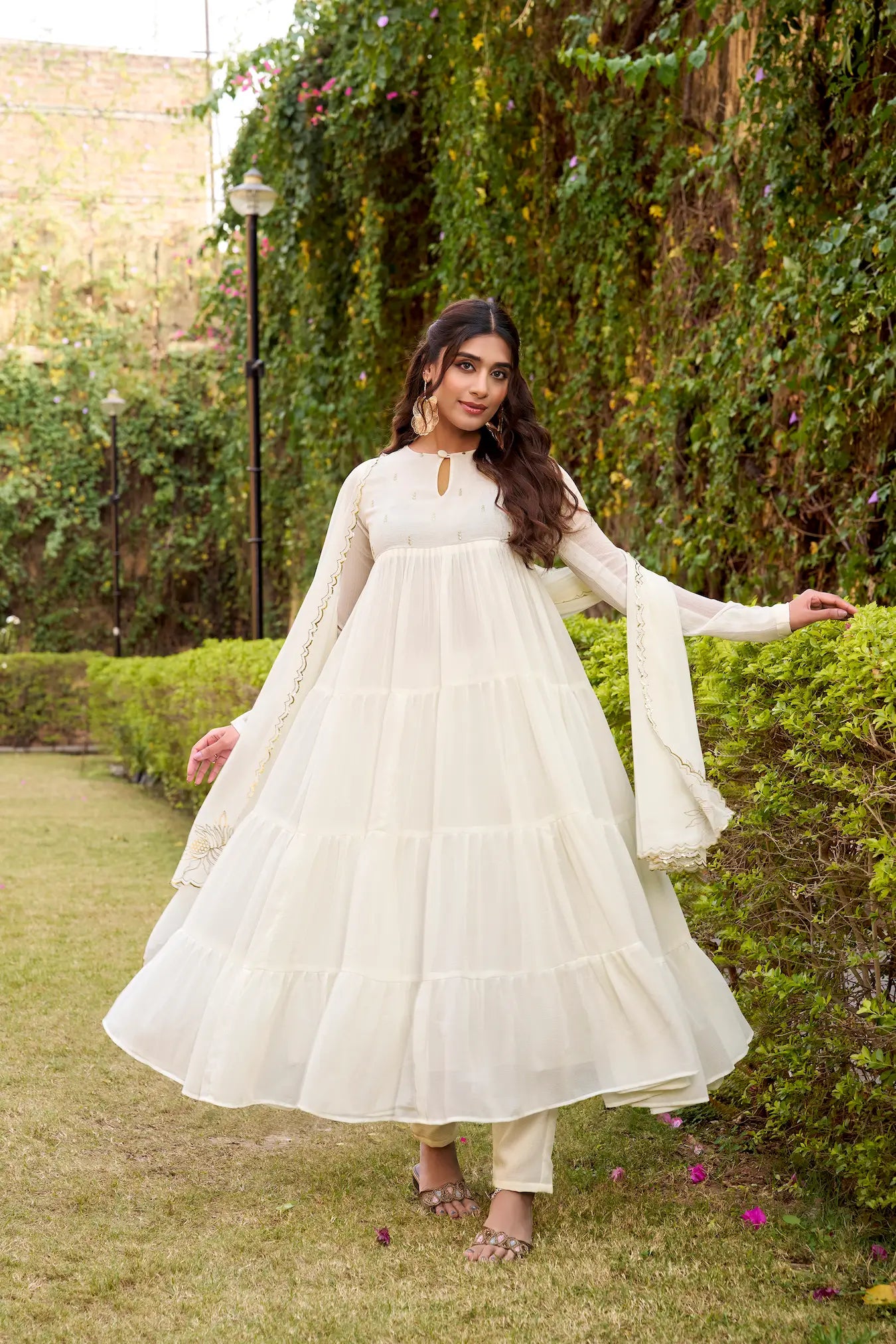 Pearl White Flared Gown With Foil Work