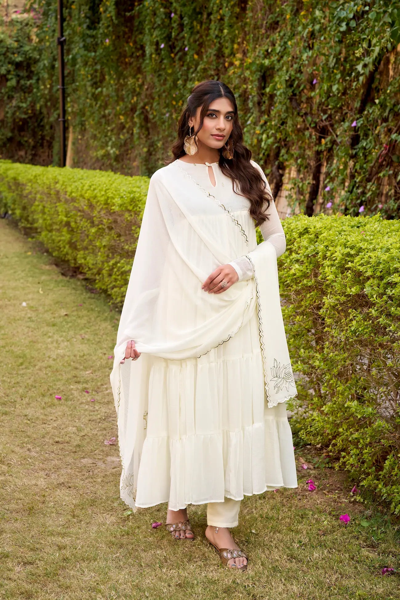 Pearl White Flared Gown With Foil Work