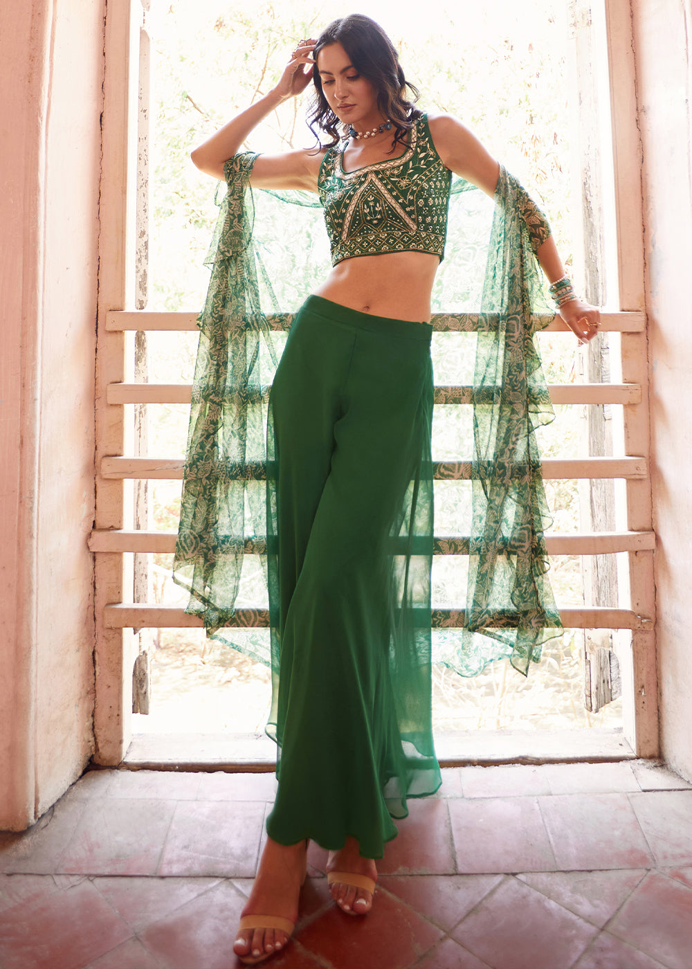 Forest Green Georgette Sharara Choli with Embroidery work - qivii