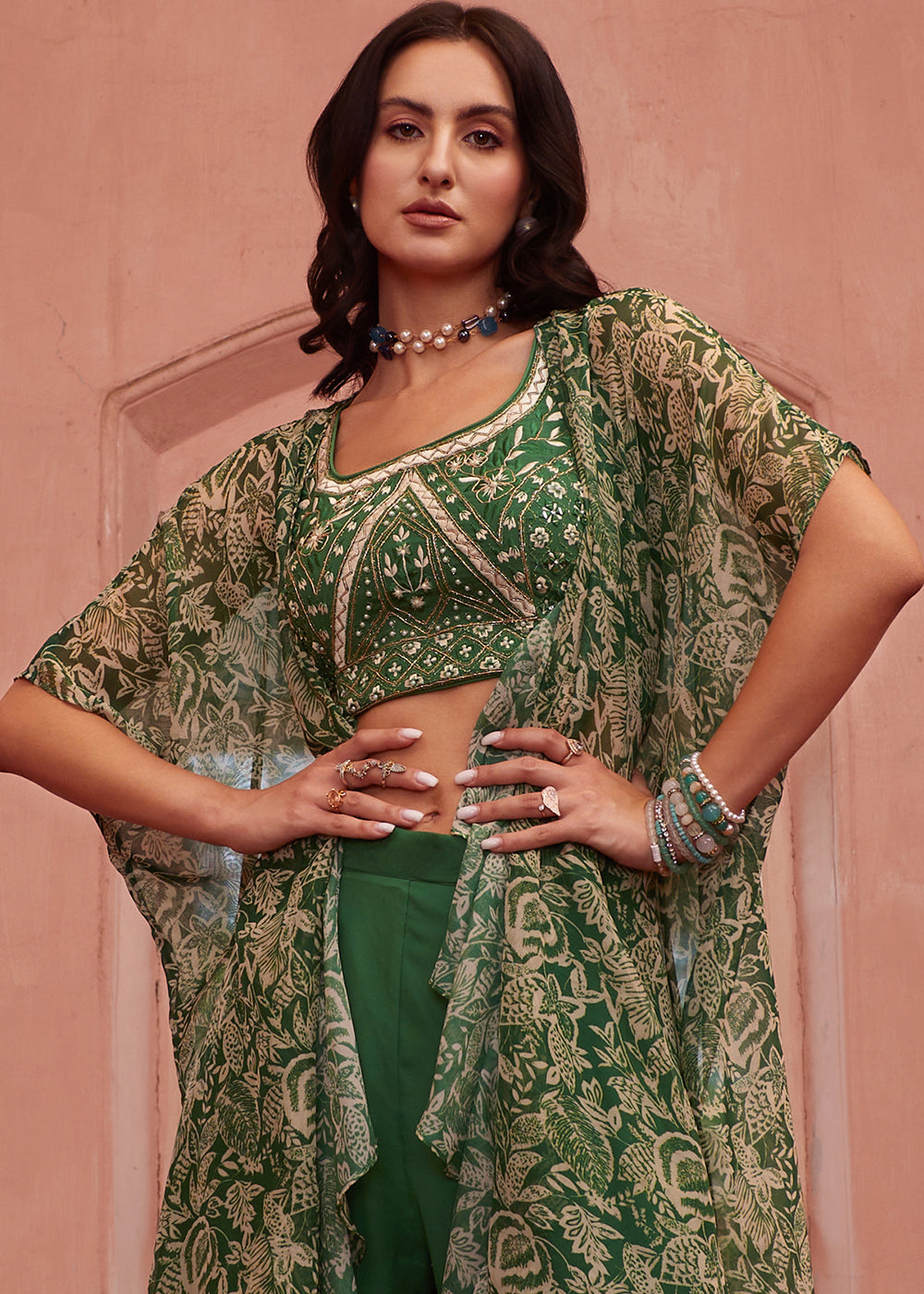 Forest Green Georgette Sharara Choli with Embroidery work - qivii