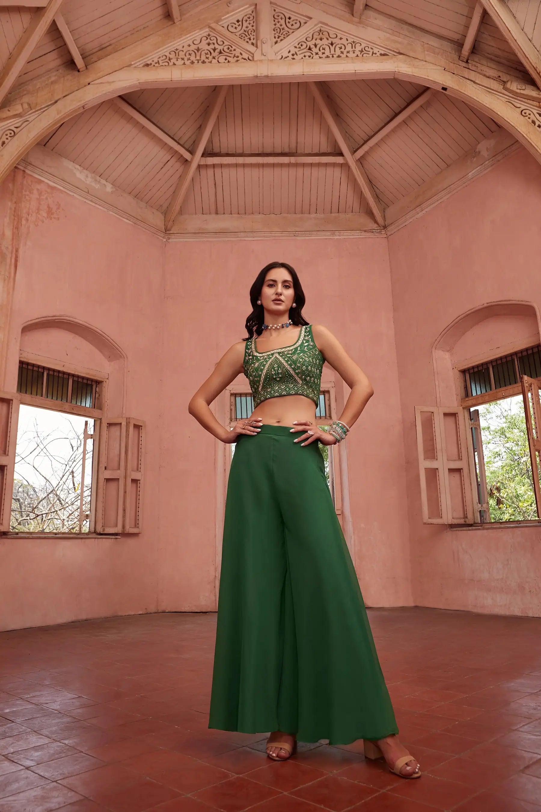 Mehendi Green Stylish Indo Western Hand Embroidered Work With Long Shrug - qivii