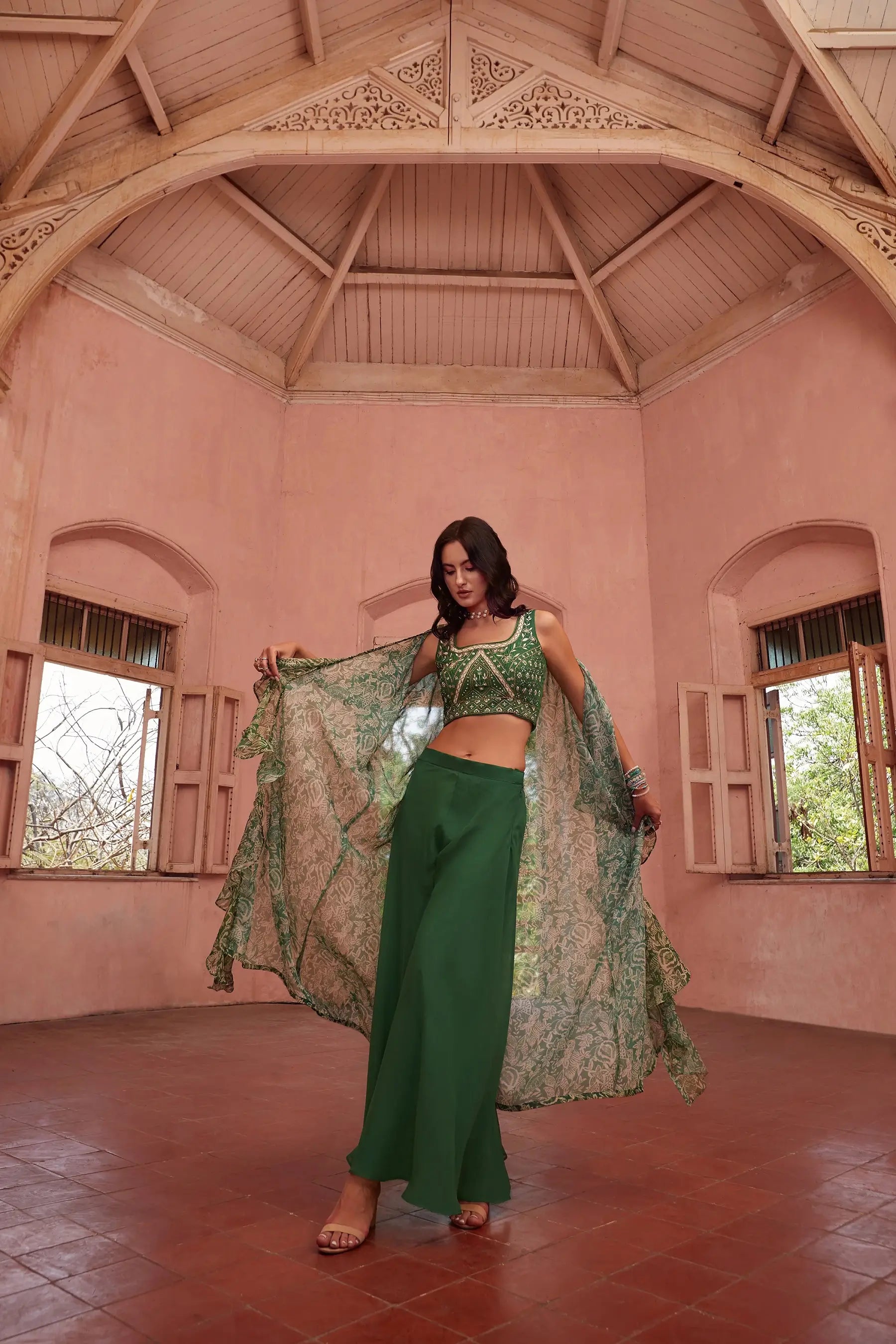 Mehendi Green Stylish Indo Western Hand Embroidered Work With Long Shrug - qivii