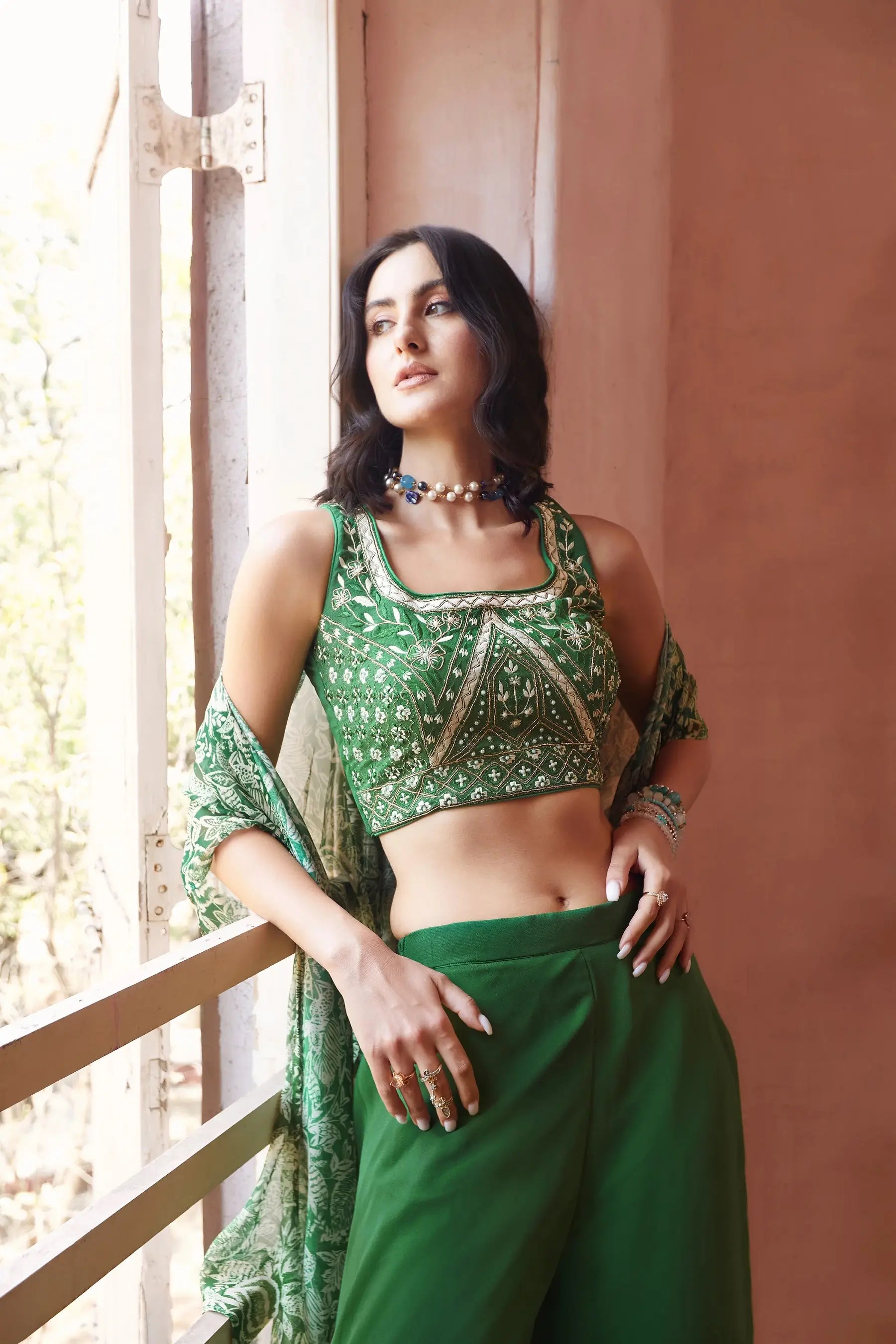 Mehendi Green Stylish Indo Western Hand Embroidered Work With Long Shrug - qivii