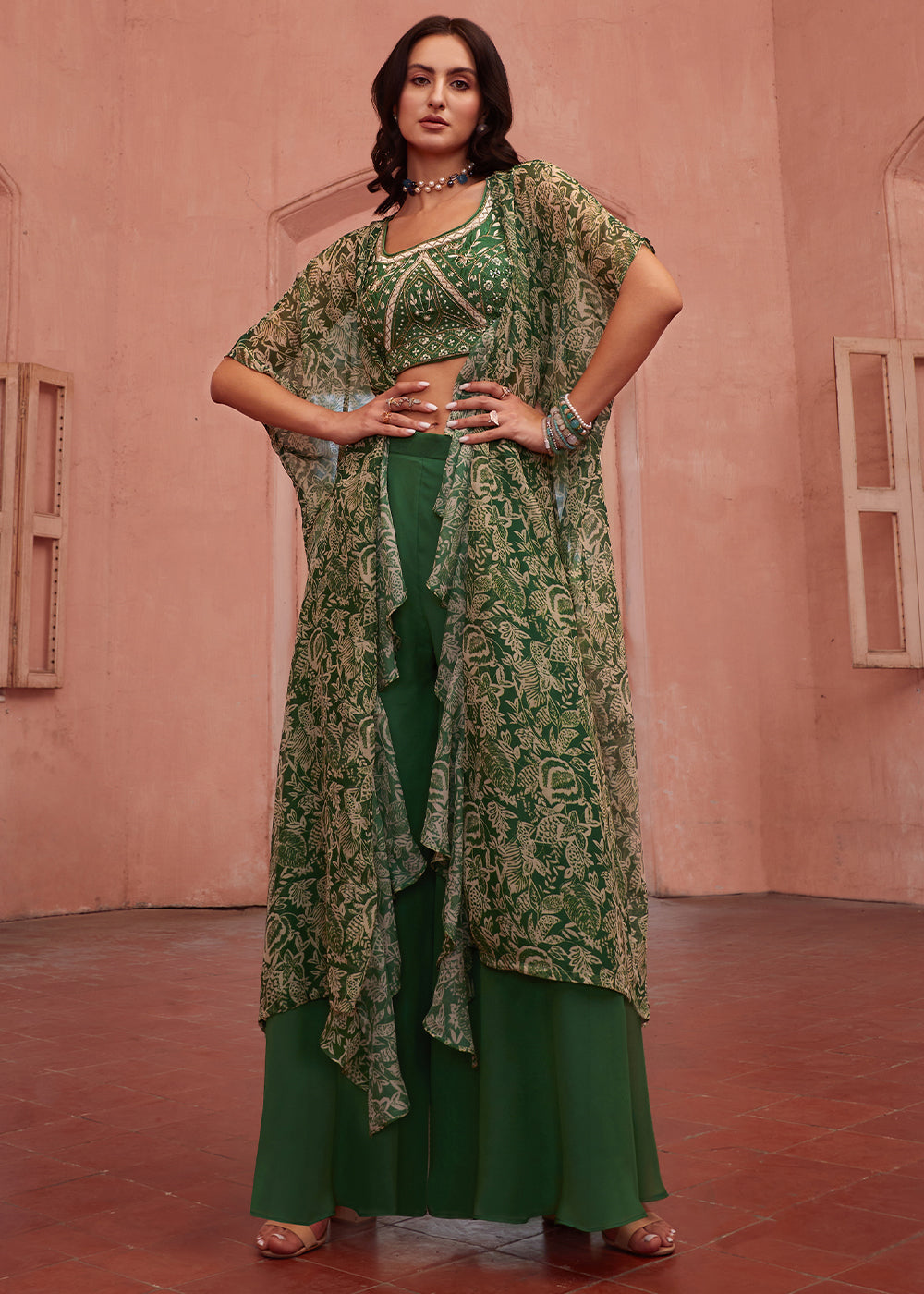 Forest Green Georgette Sharara Choli with Embroidery work - qivii