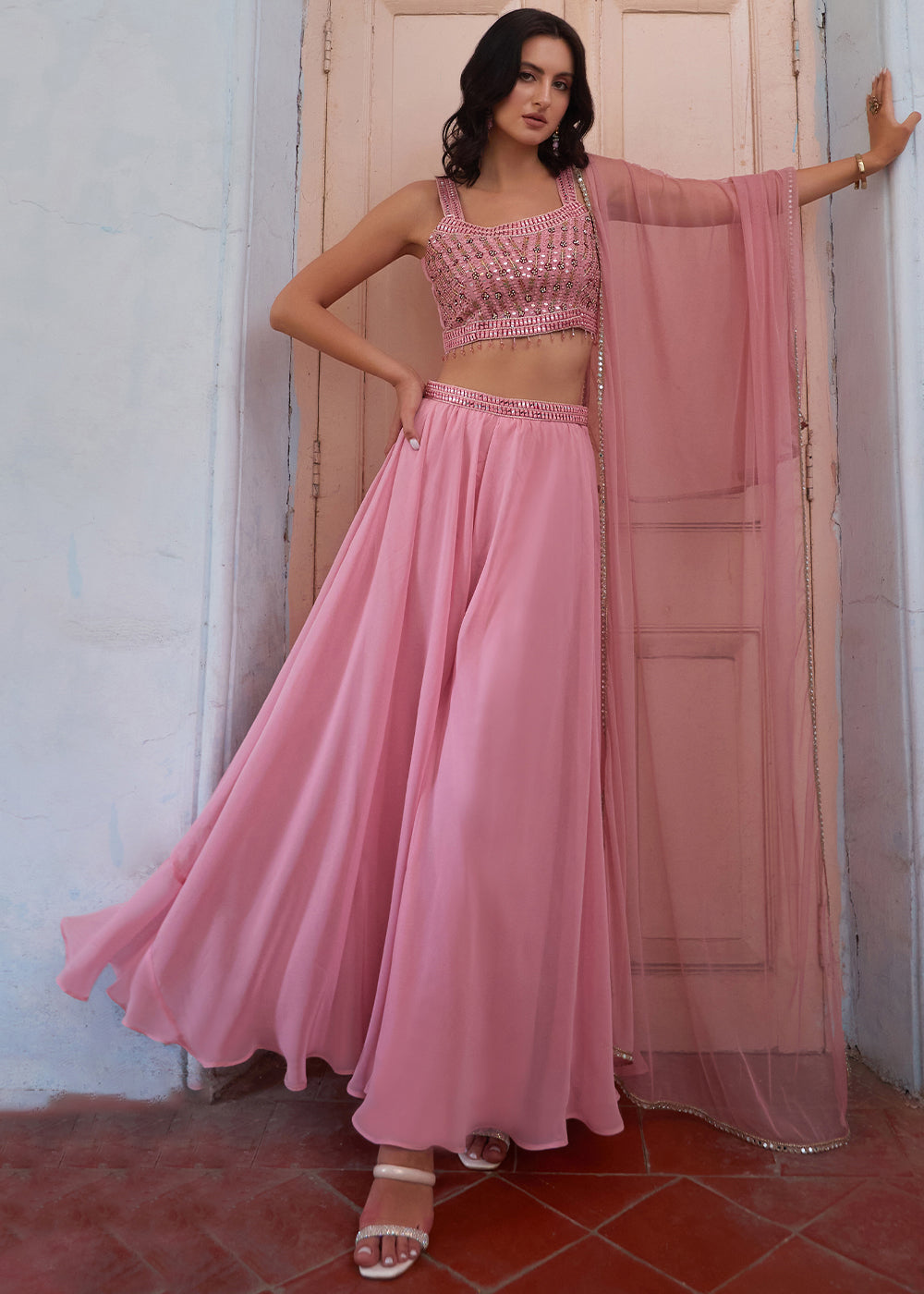 Ballet Slipper Pink Georgette Sharara Choli with Embroidery work - qivii