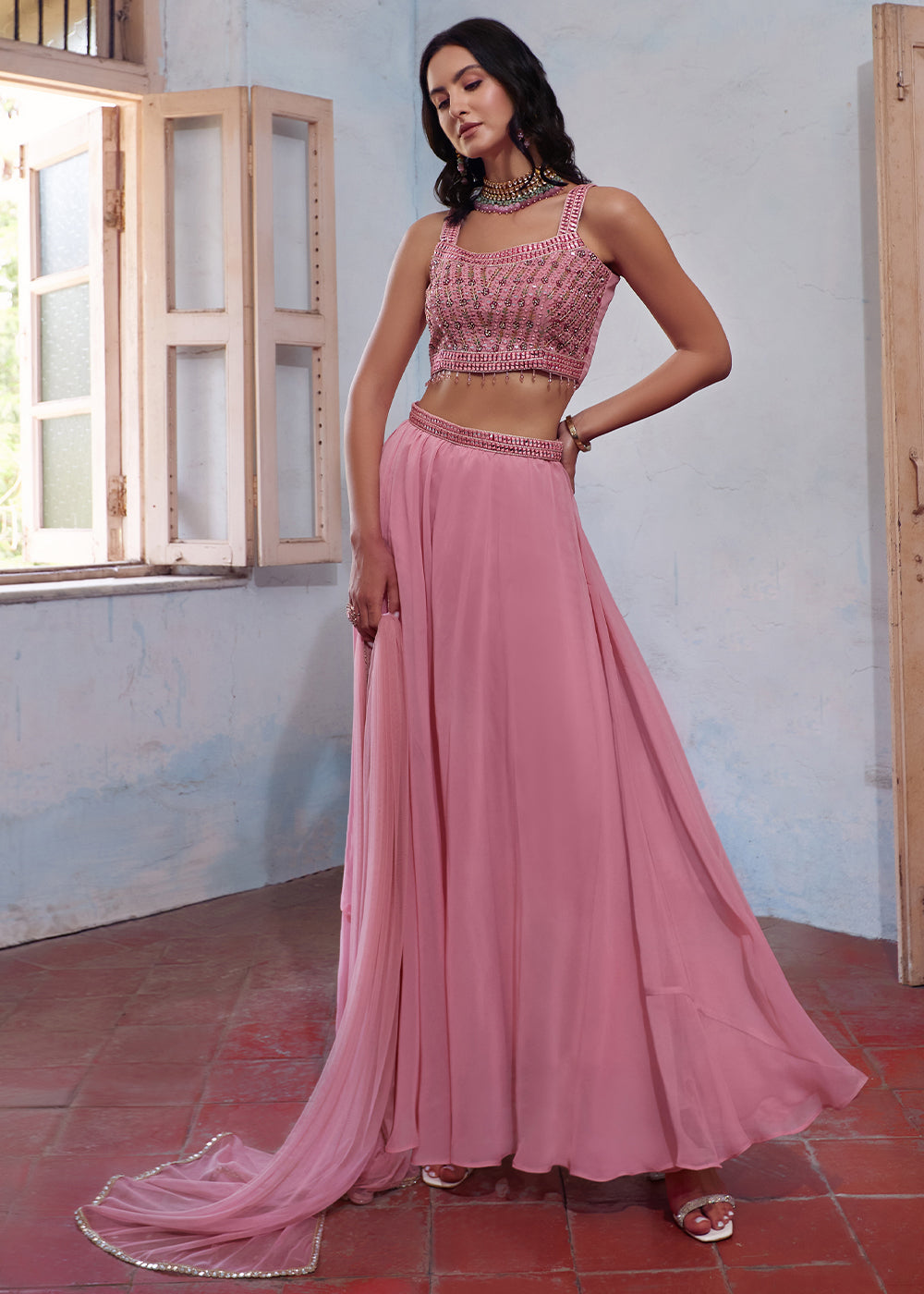 Ballet Slipper Pink Georgette Sharara Choli with Embroidery work - qivii