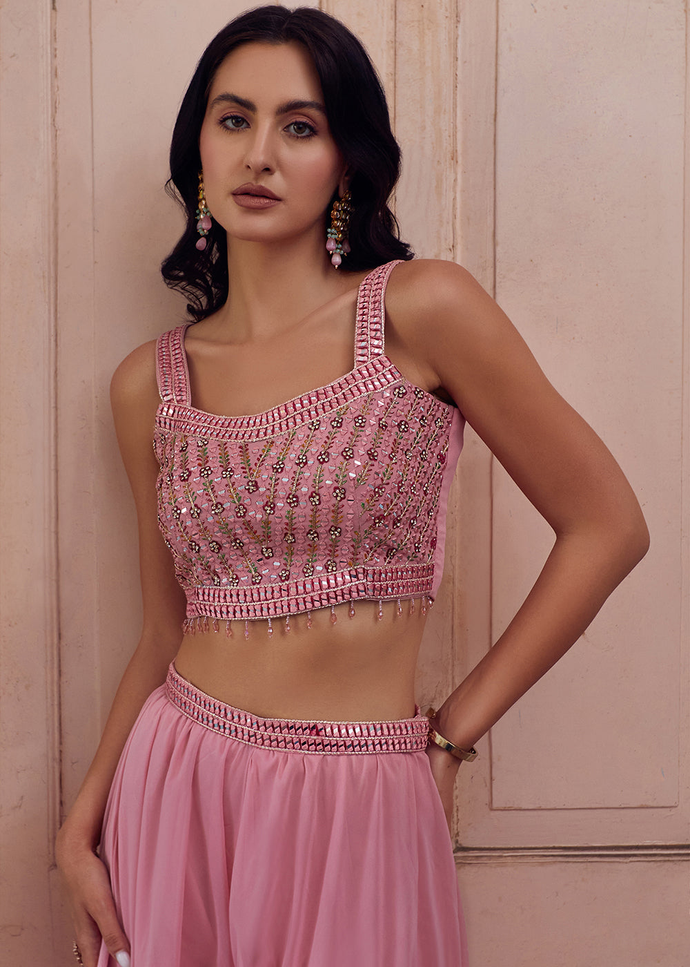 Ballet Slipper Pink Georgette Sharara Choli with Embroidery work - qivii