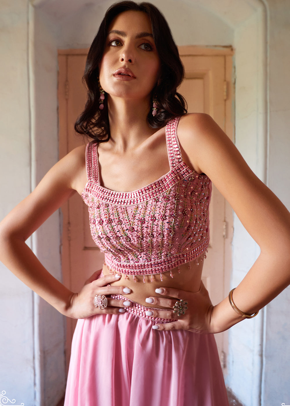 Ballet Slipper Pink Georgette Sharara Choli with Embroidery work - qivii