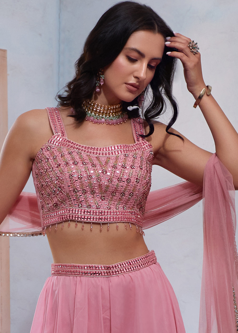 Ballet Slipper Pink Georgette Sharara Choli with Embroidery work - qivii