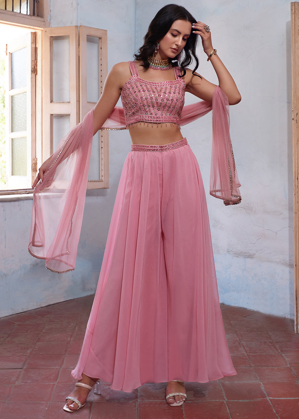 Ballet Slipper Pink Georgette Sharara Choli with Embroidery work - qivii