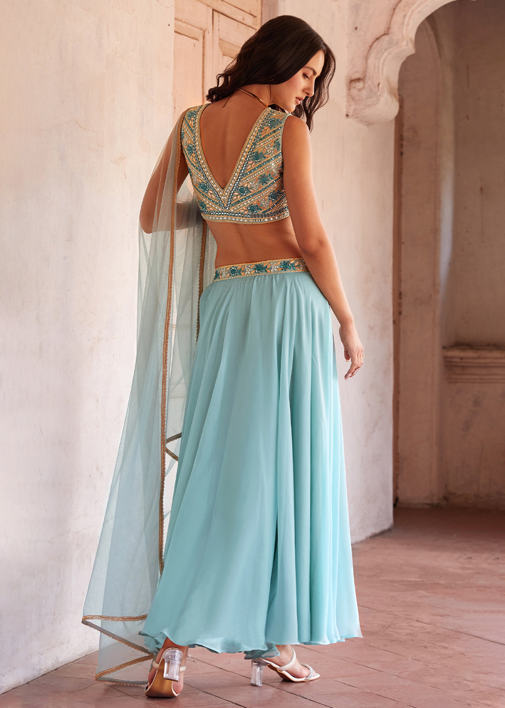 Light Blue Georgette lehenga Choli with Embroidery work | Ready To Wear - qivii