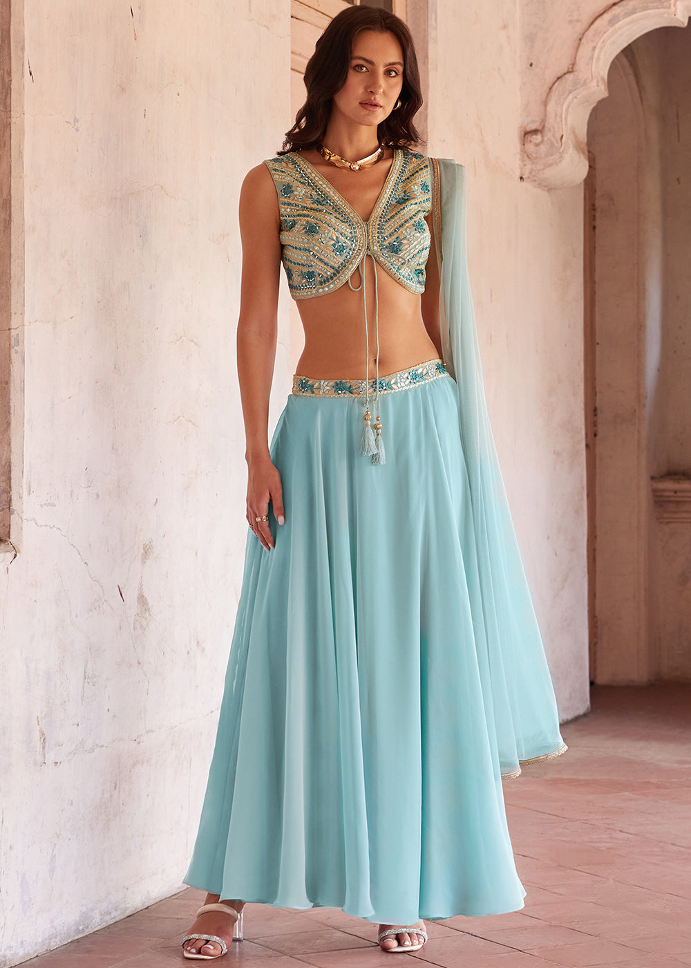 Light Blue Georgette lehenga Choli with Embroidery work | Ready To Wear - qivii