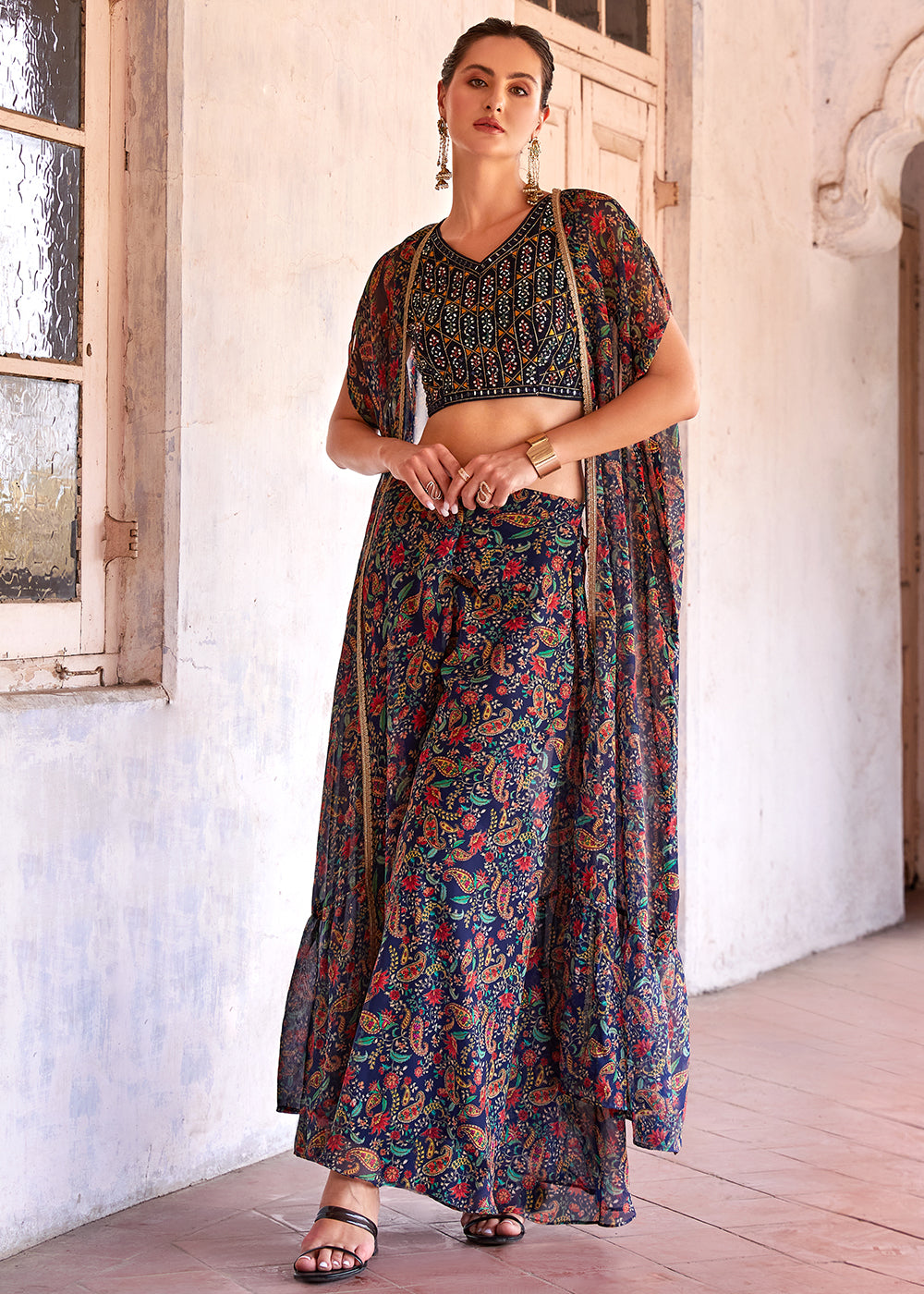 Shades Of Blue Georgette Sharara Choli with Embroidery work - qivii