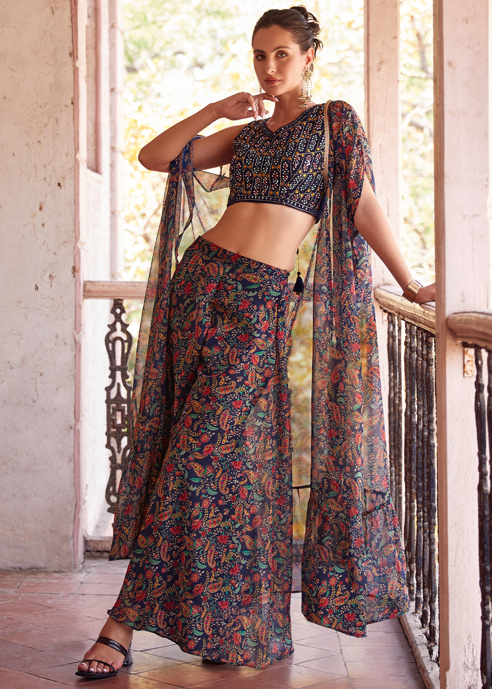 Shades Of Blue Georgette Sharara Choli with Embroidery work - qivii