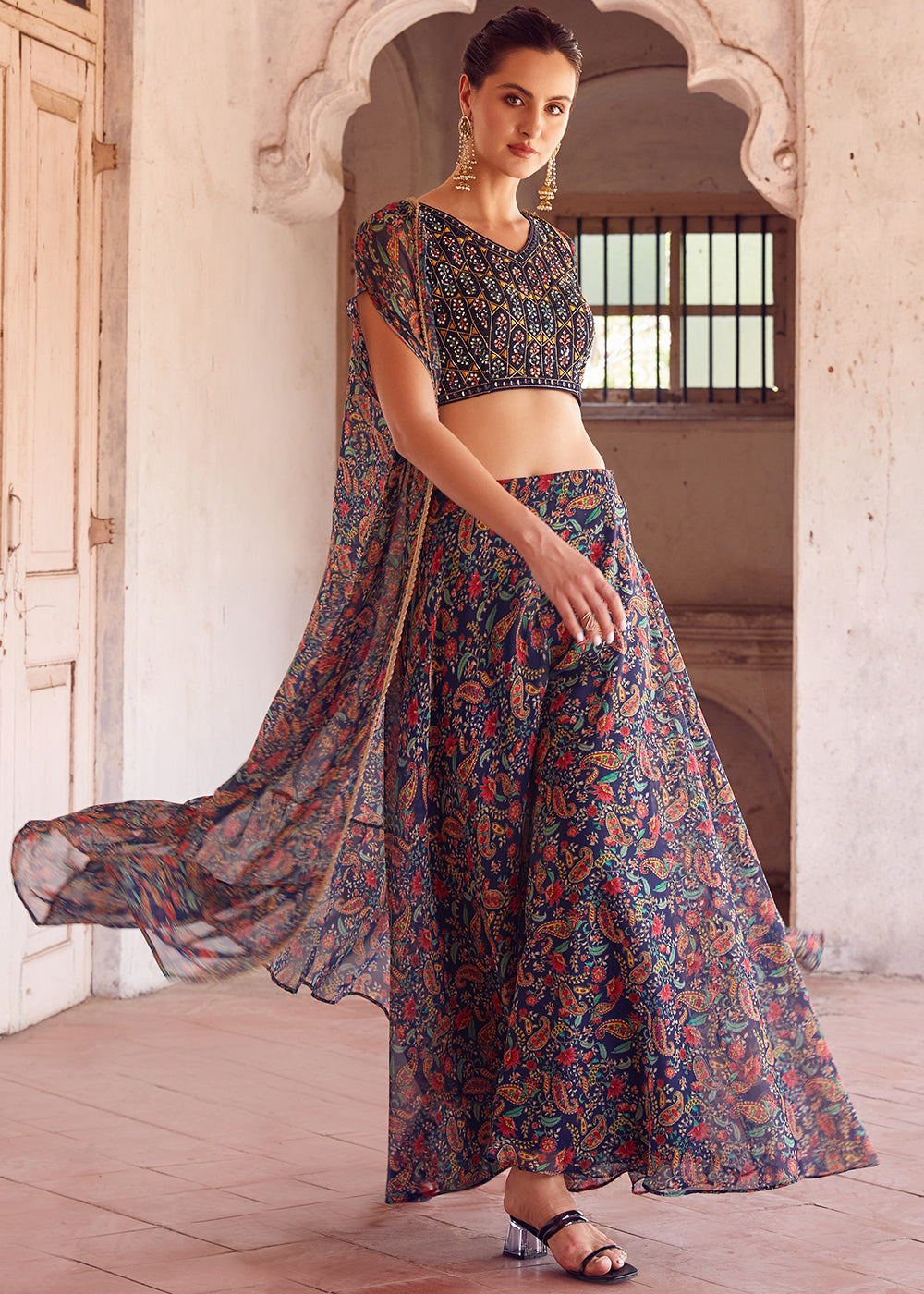 Shades Of Blue Georgette Sharara Choli with Embroidery work - qivii