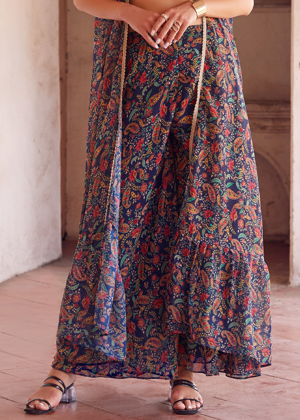 Shades Of Blue Georgette Sharara Choli with Embroidery work - qivii