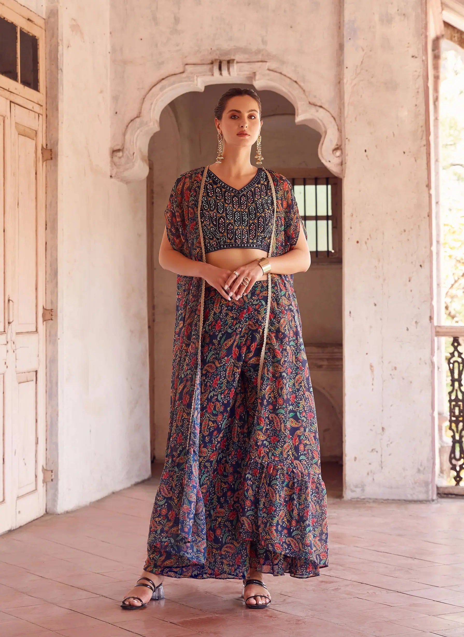 Navy Blue Georgette Hand Embroidered Work Stylish Indo Western Sharara Cap Set - qivii