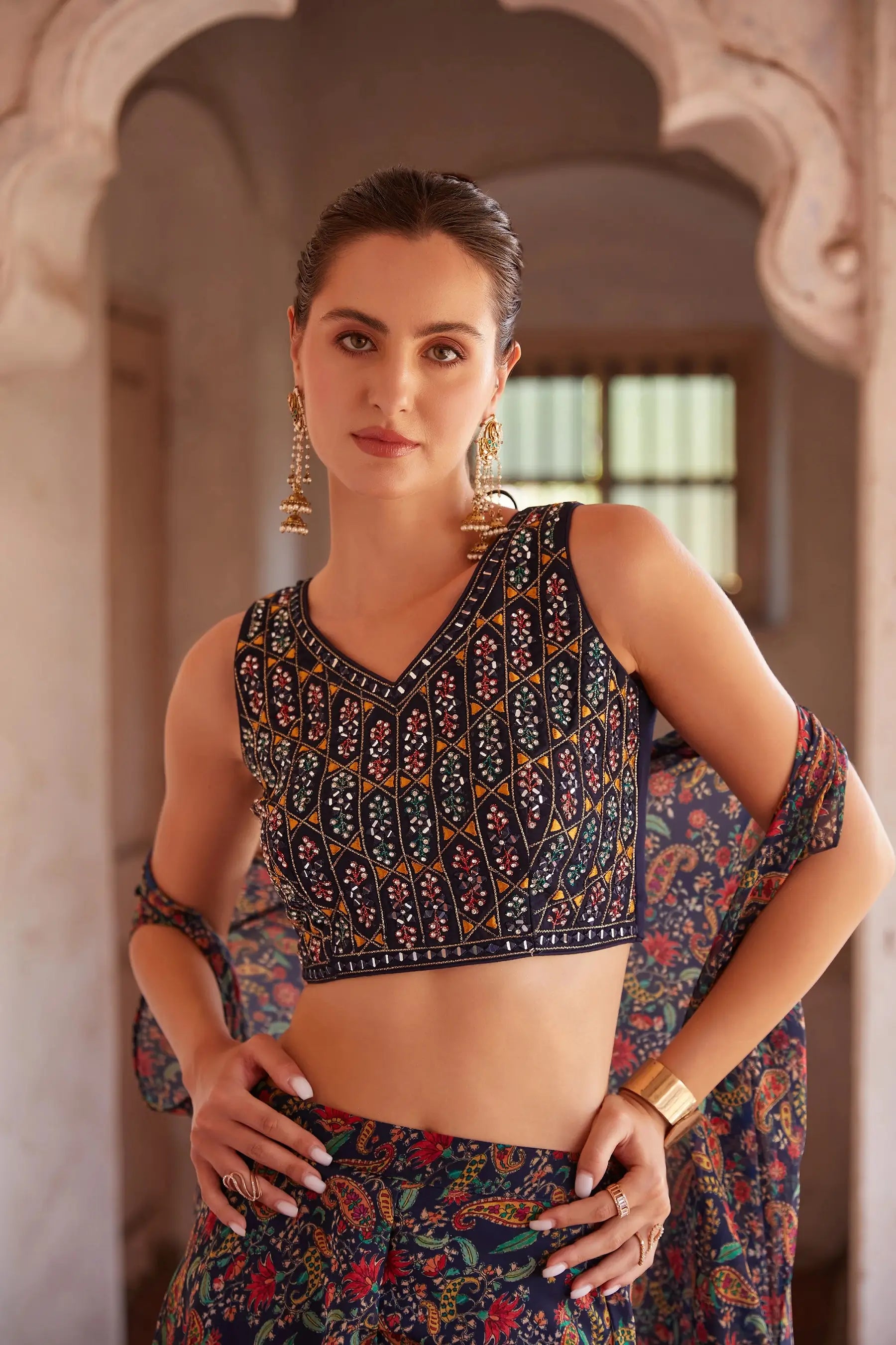 Navy Blue Georgette Hand Embroidered Work Stylish Indo Western Sharara Cap Set - qivii