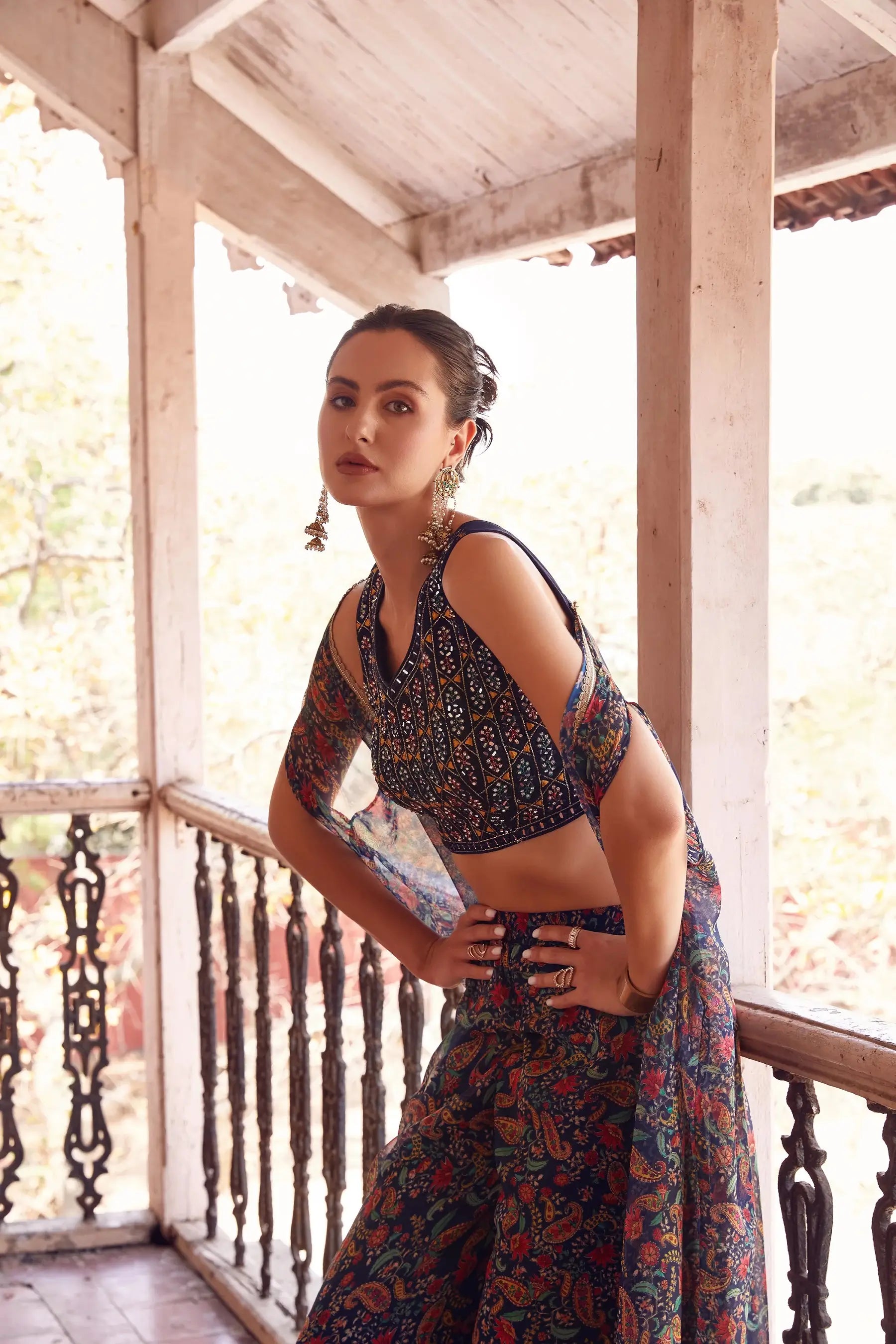 Navy Blue Georgette Hand Embroidered Work Stylish Indo Western Sharara Cap Set - qivii