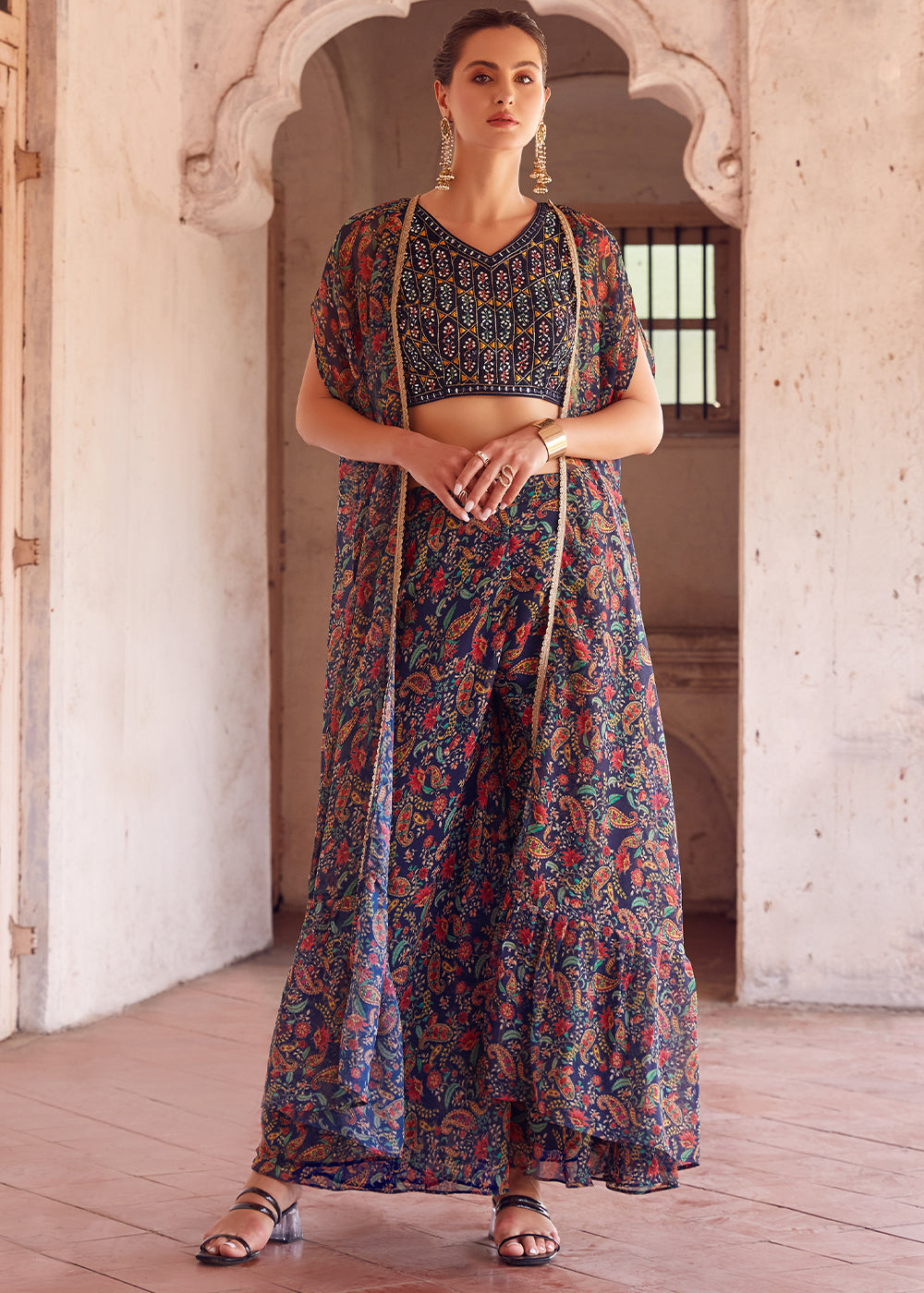 Shades Of Blue Georgette Sharara Choli with Embroidery work - qivii