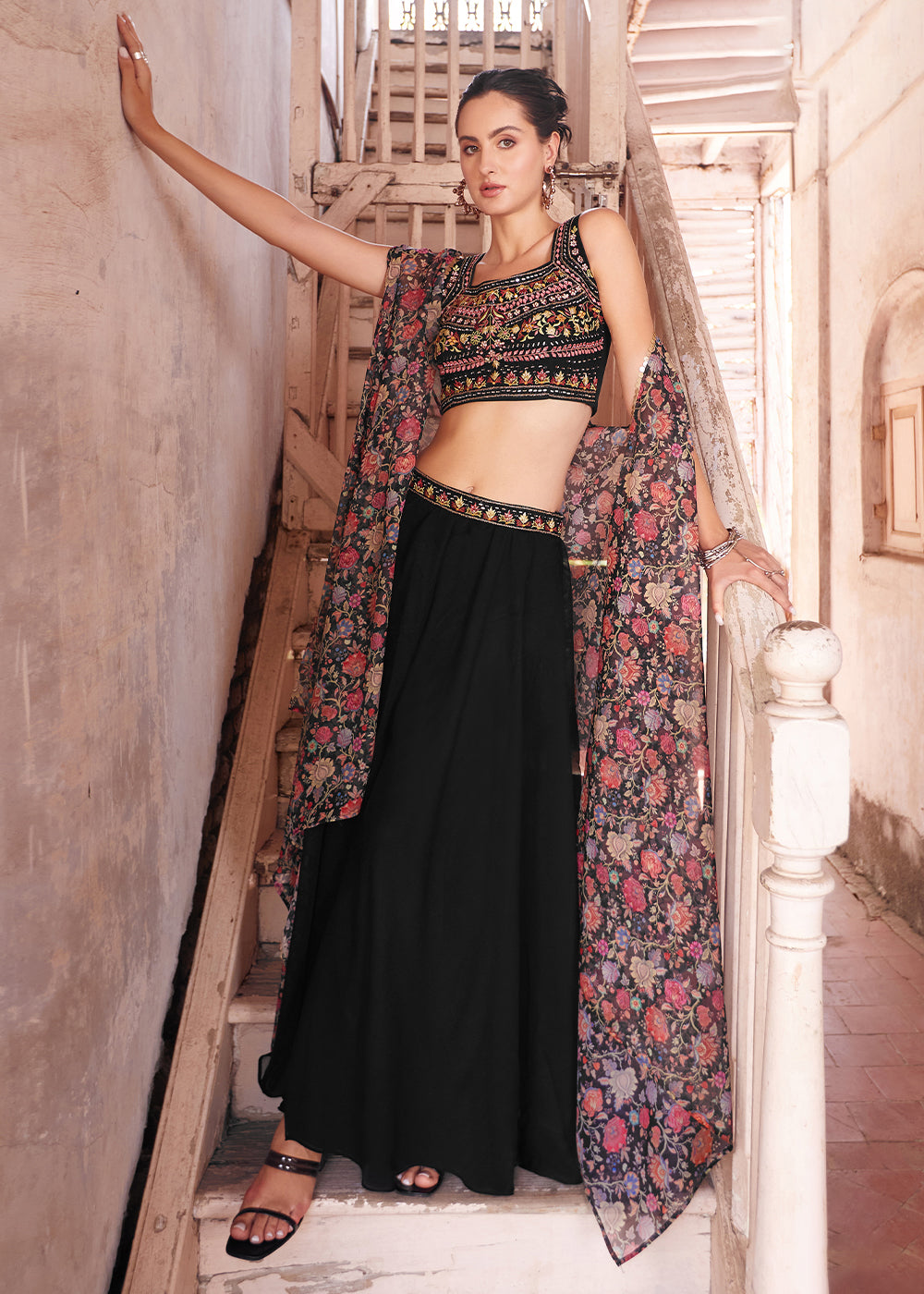 Onyx Black Georgette Sharara Choli with Embroidery work - qivii