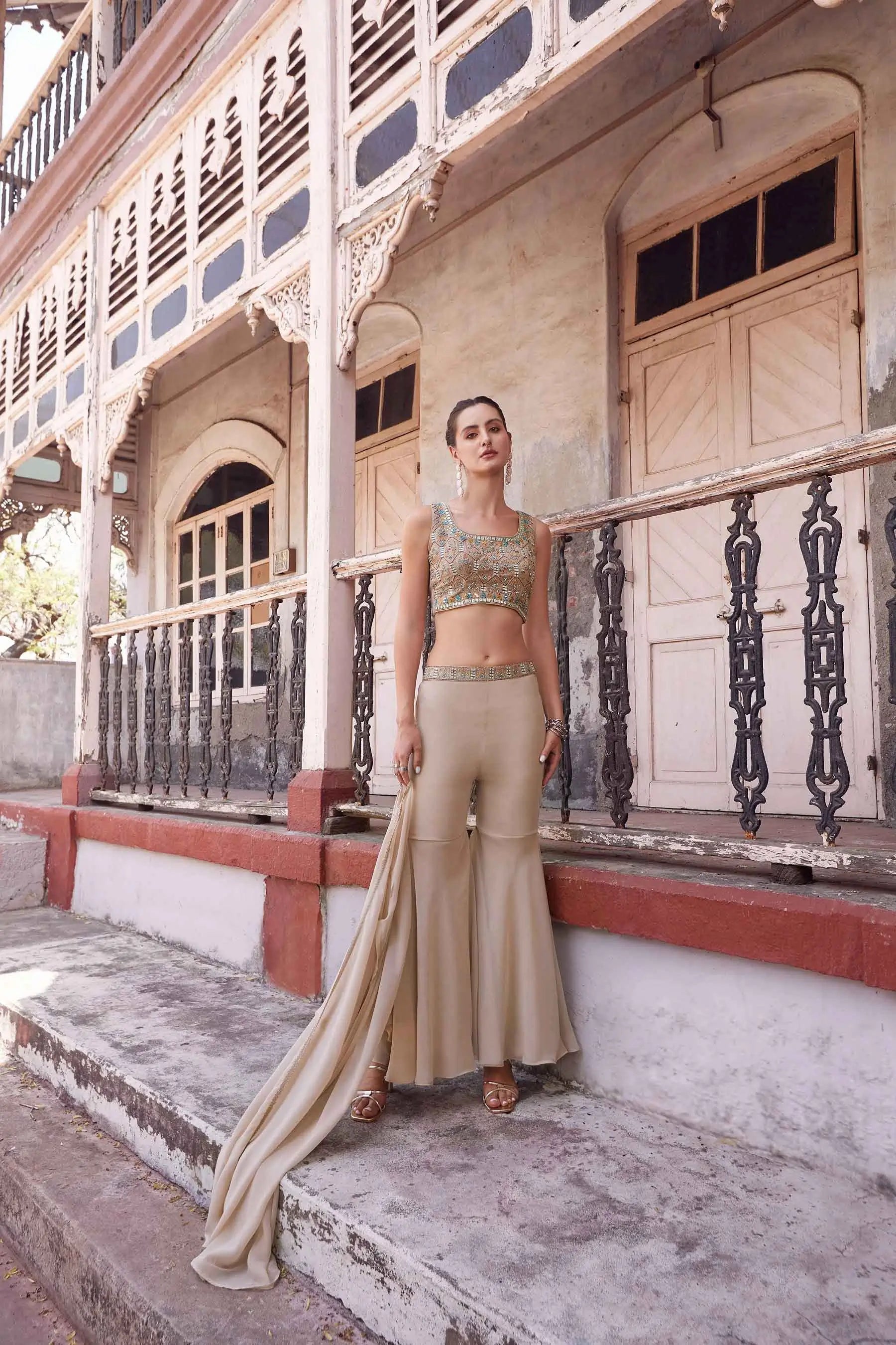 Chiku Hand Embroidered Work Stylish Indo-Western Jacket and Sharara Set - qivii