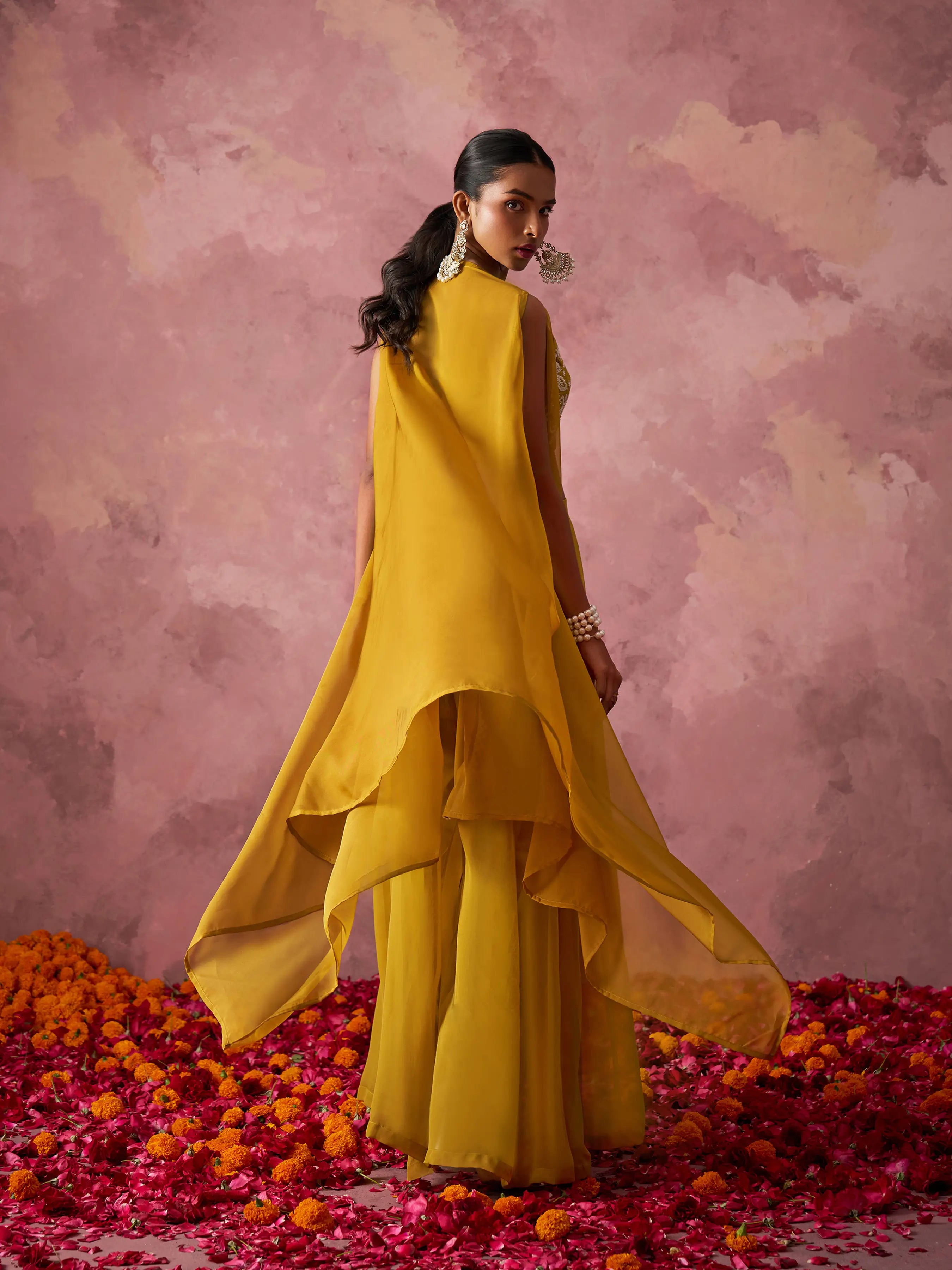 Designer Mustard Yellow Georgette Indo Western With Hand work And Shrug
