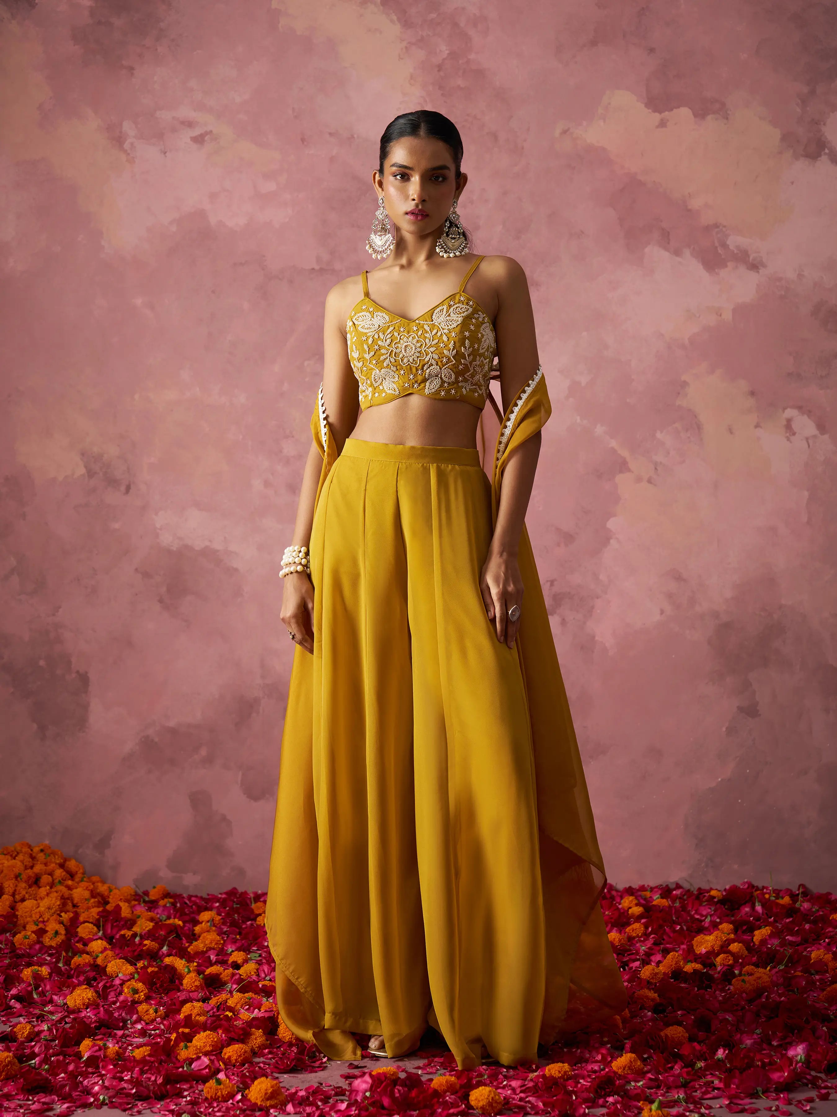 Designer Mustard Yellow Georgette Indo Western With Hand work And Shrug