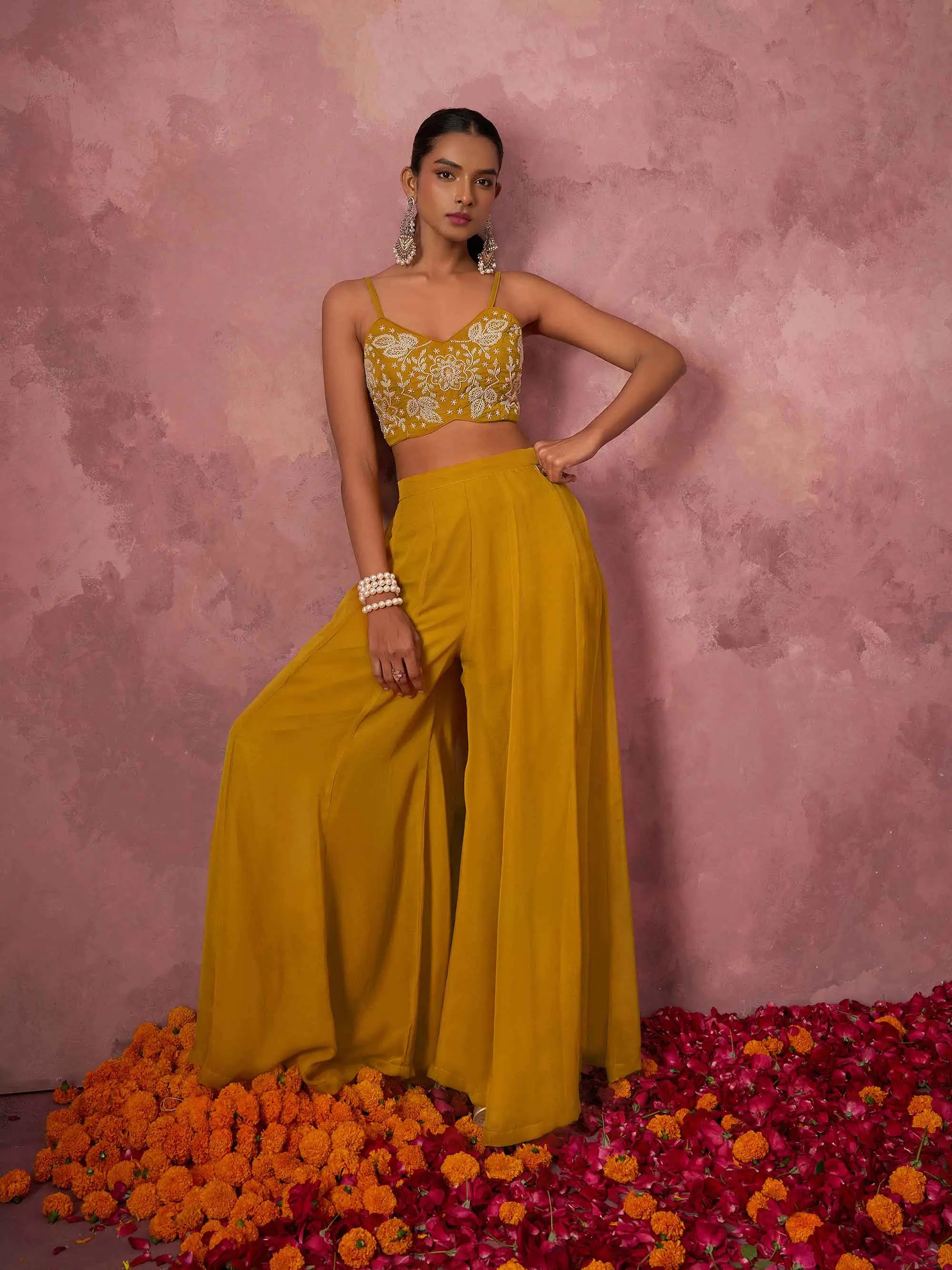 Designer Mustard Yellow Georgette Indo Western With Hand work And Shrug