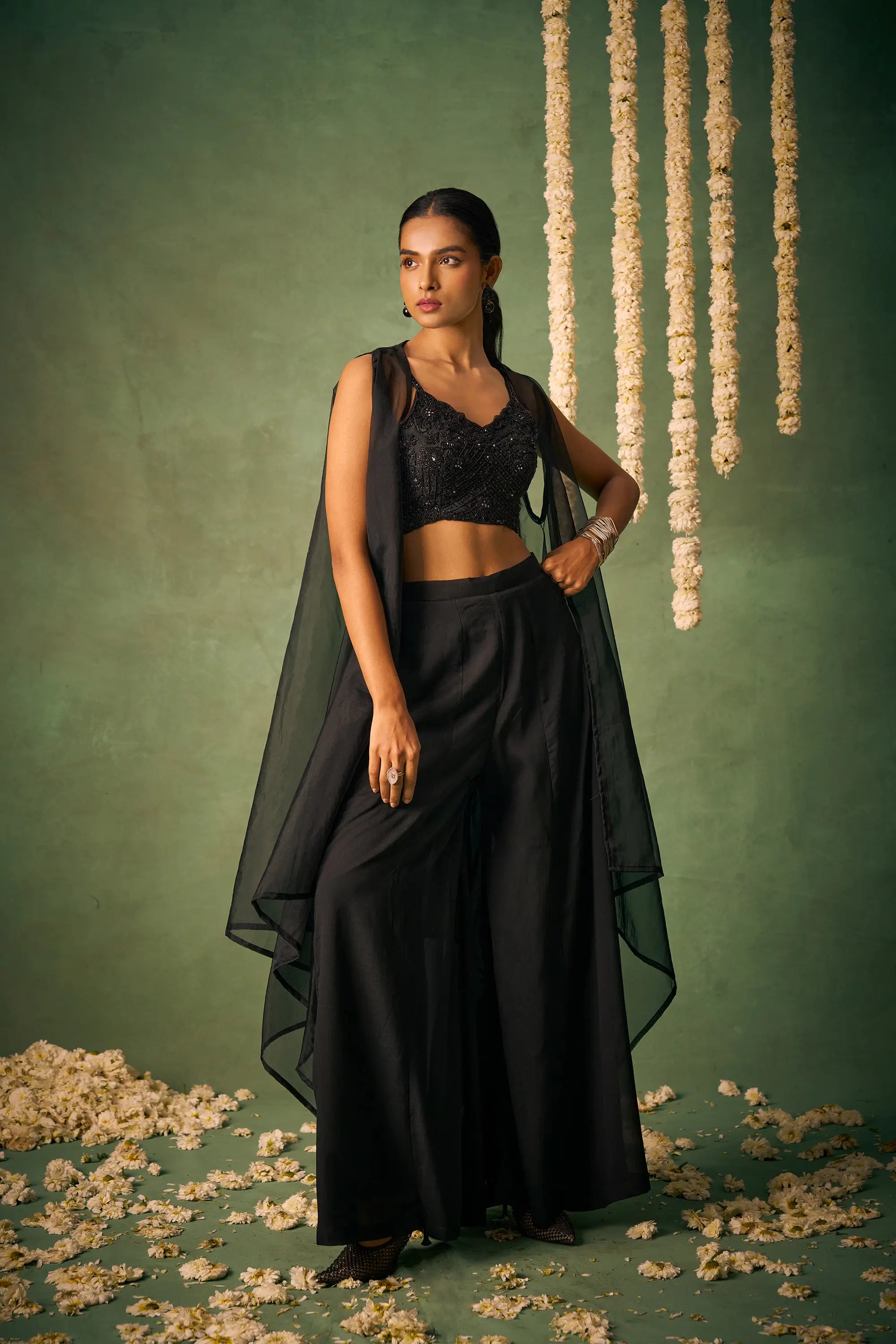 Black Indo Western Khatli Work Blouse With Sharara And Cap - qivii