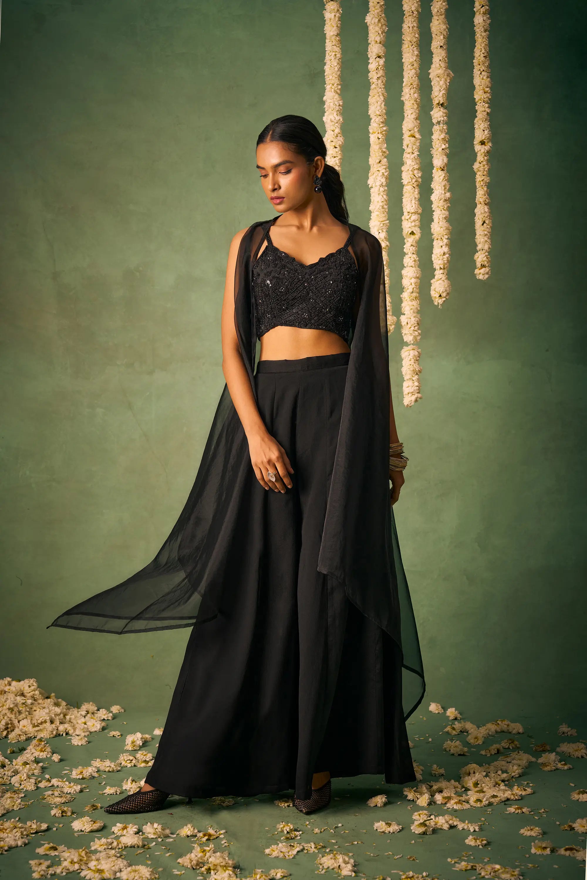 Black Indo Western Khatli Work Blouse With Sharara And Cap - qivii