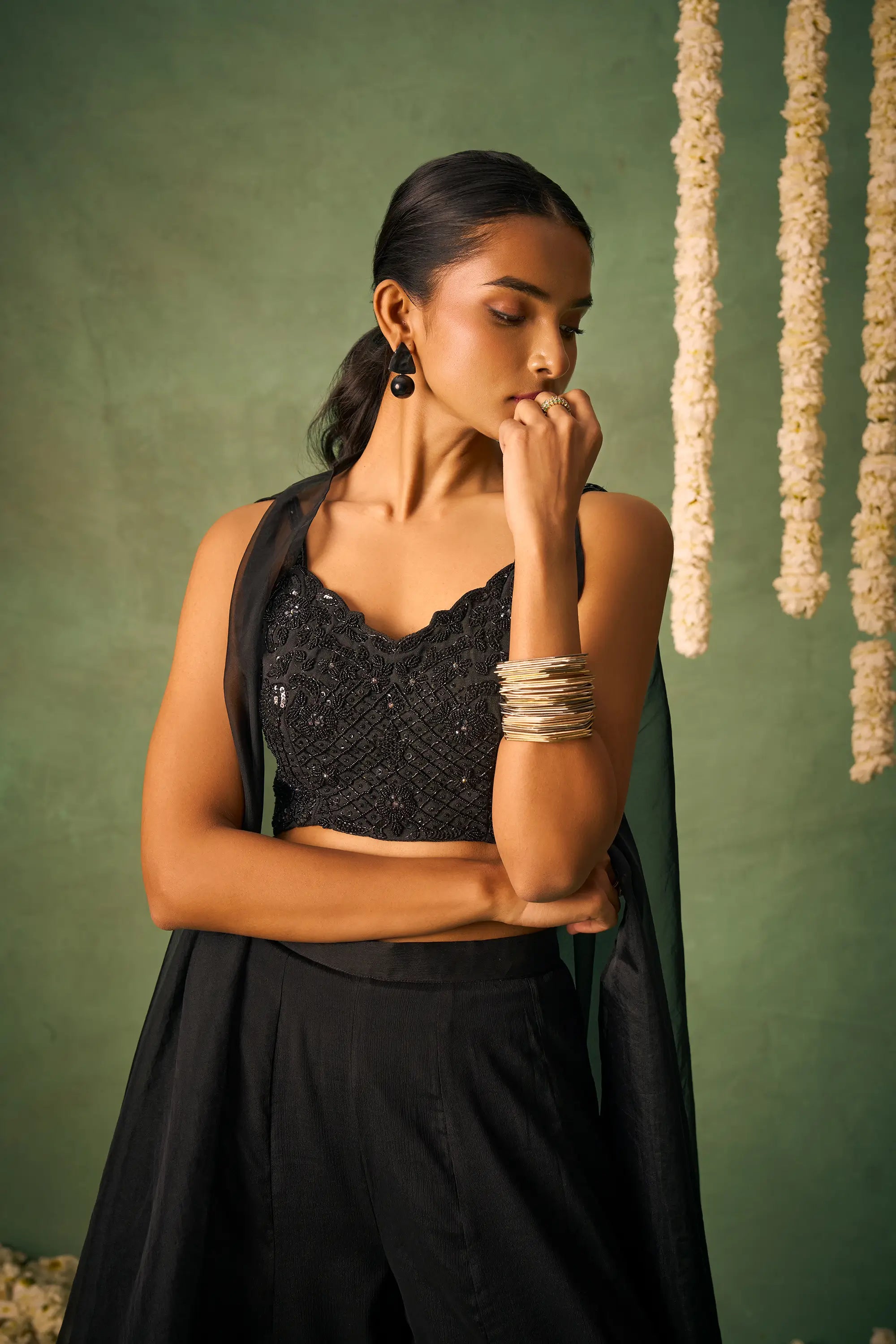 Black Indo Western Khatli Work Blouse With Sharara And Cap - qivii