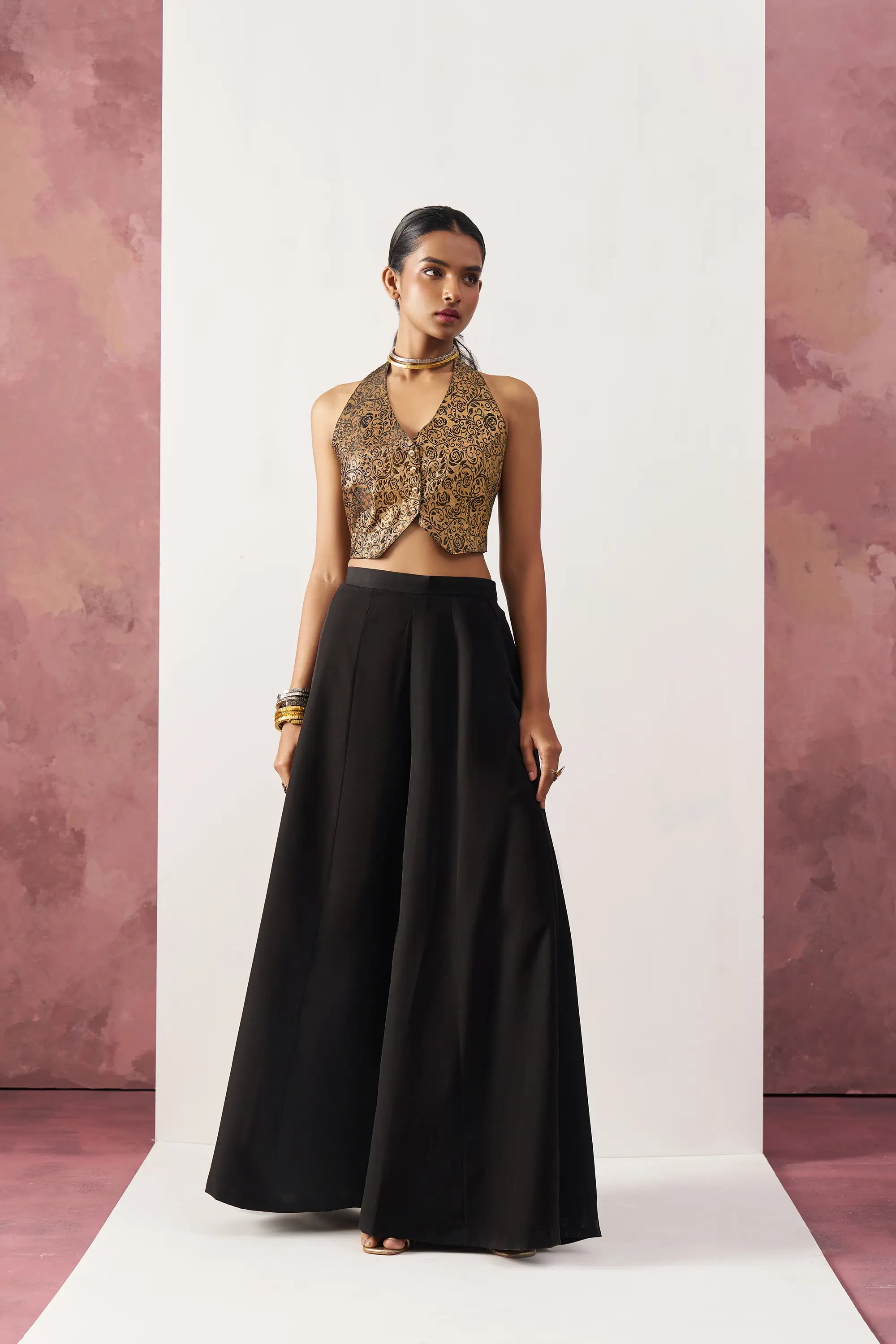 Black Jacquard Waistcoat And Palazzo Indo Western Co-ord Set - qivii