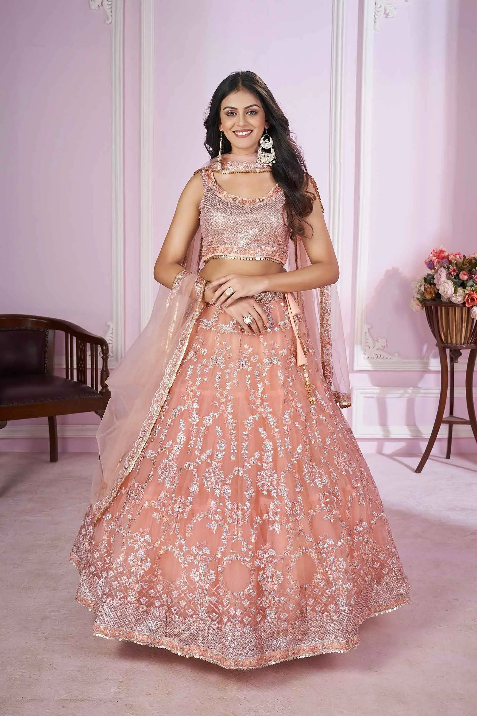 Peach Soft Net Lehenga With Sequins Thread Badla Zari Embroidery Work | Ready To Wear - qivii