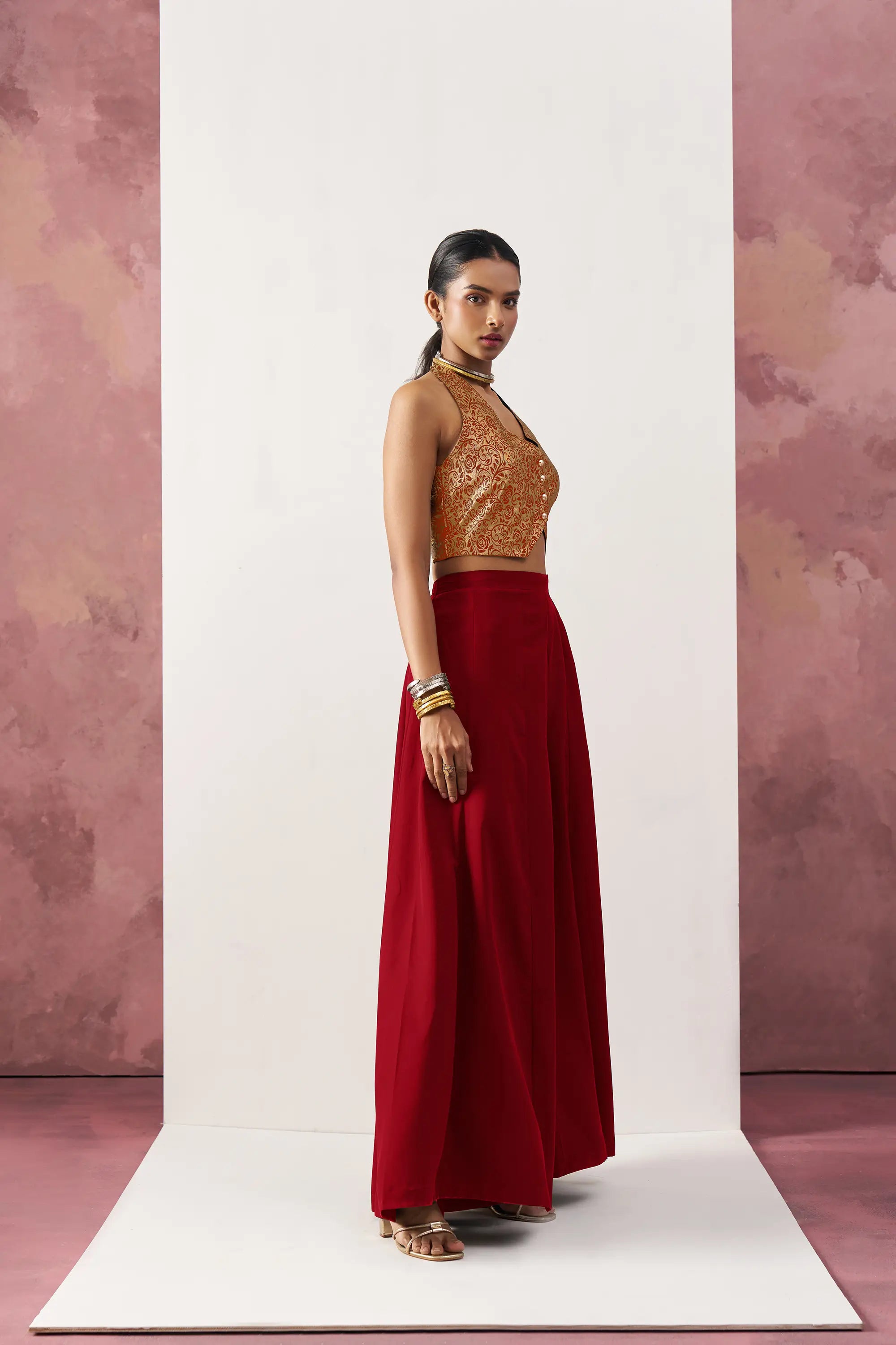 Maroon Red Jacquard Waistcoat And Palazzo Indo Western Co-ord Set - qivii