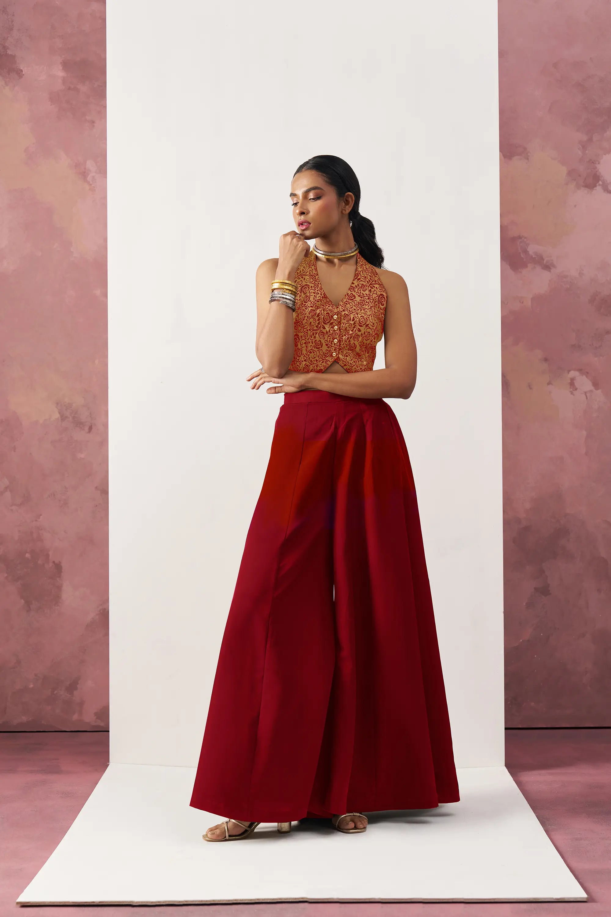 Maroon Red Jacquard Waistcoat And Palazzo Indo Western Co-ord Set - qivii