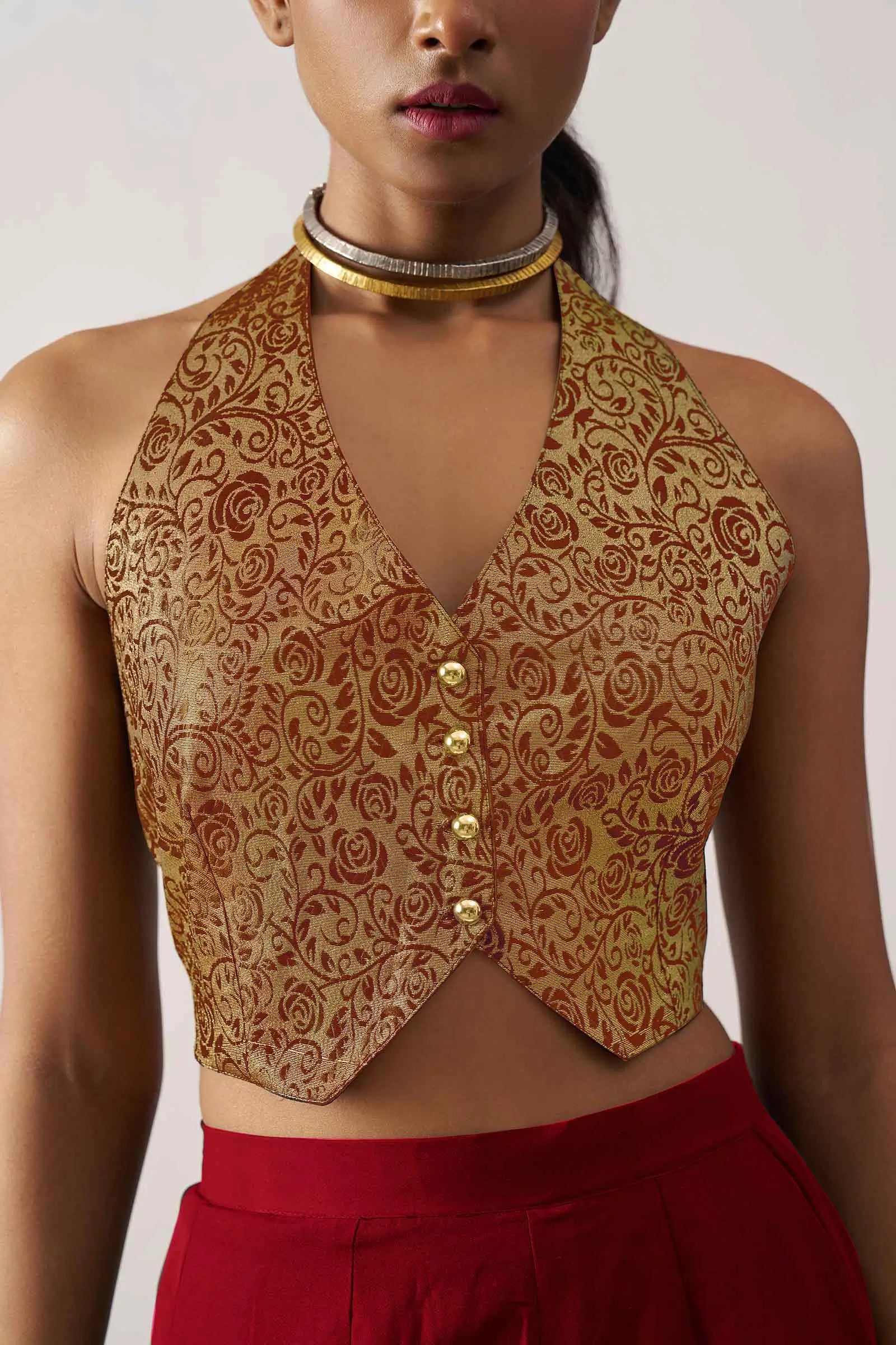 Maroon Red Jacquard Waistcoat And Palazzo Indo Western Co-ord Set - qivii